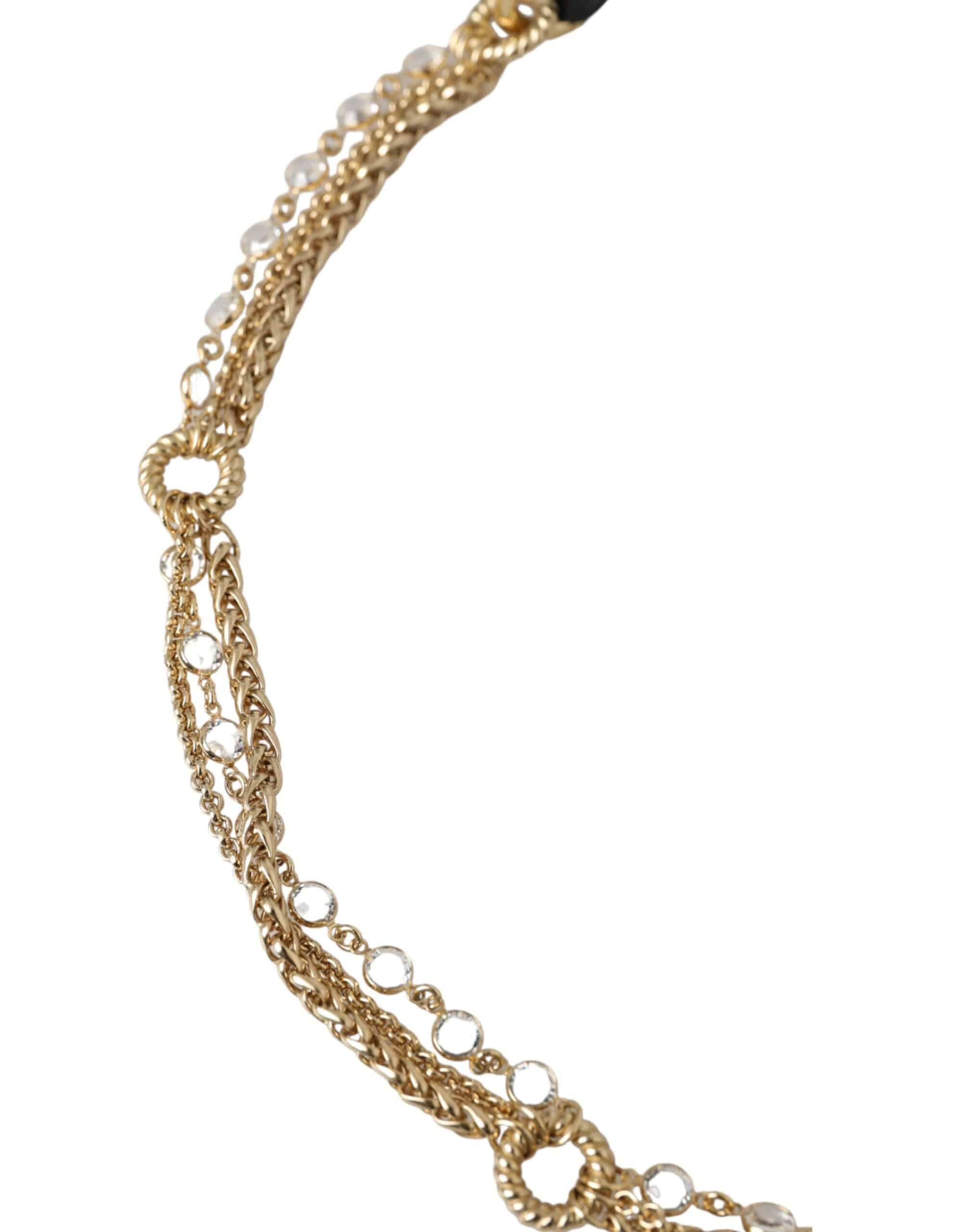 Dolce & Gabbana Black Leather Gold Chain Crystal Waist Women Belt - ACCEXO