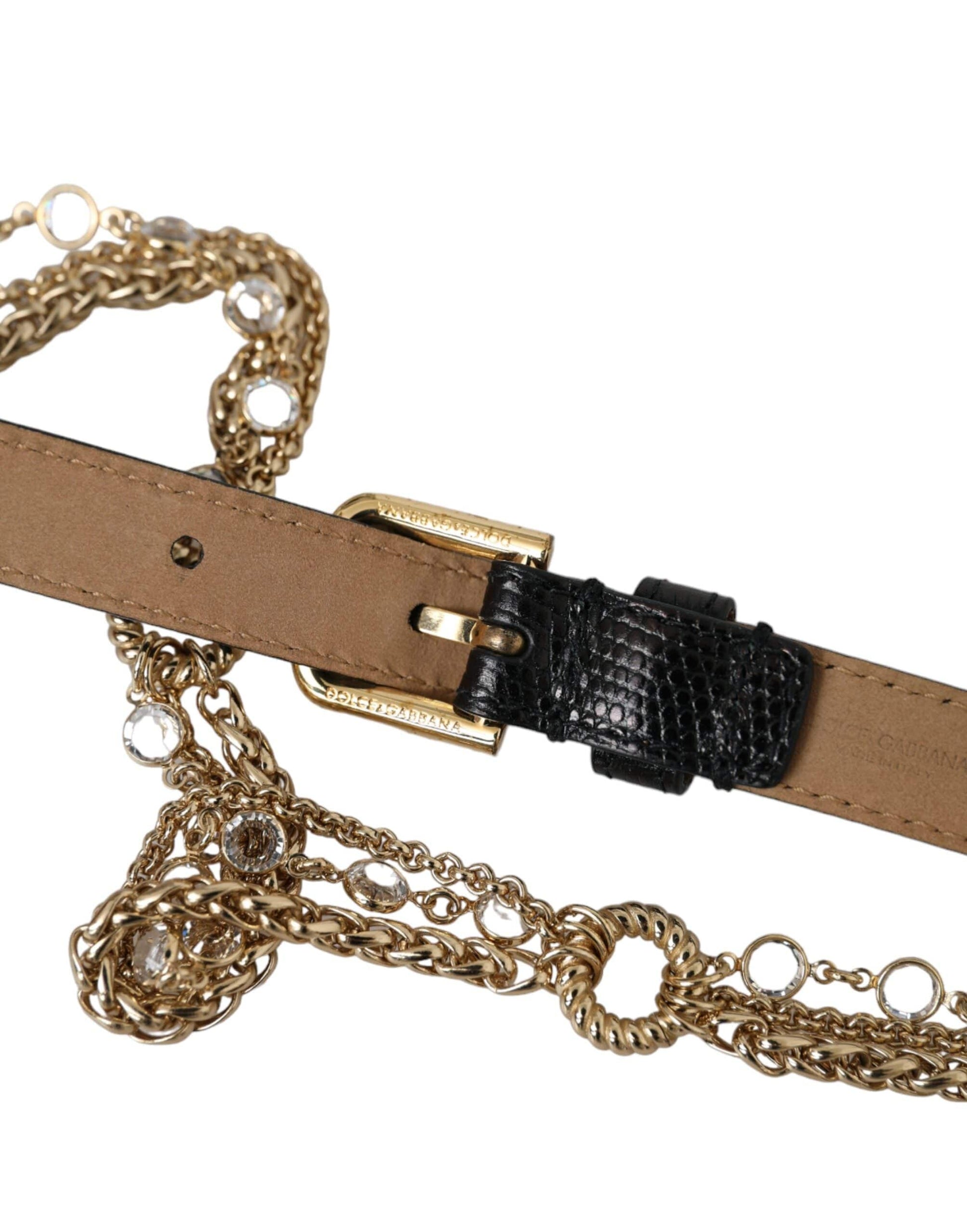 Dolce & Gabbana Black Leather Gold Chain Crystal Waist Women Belt - ACCEXO