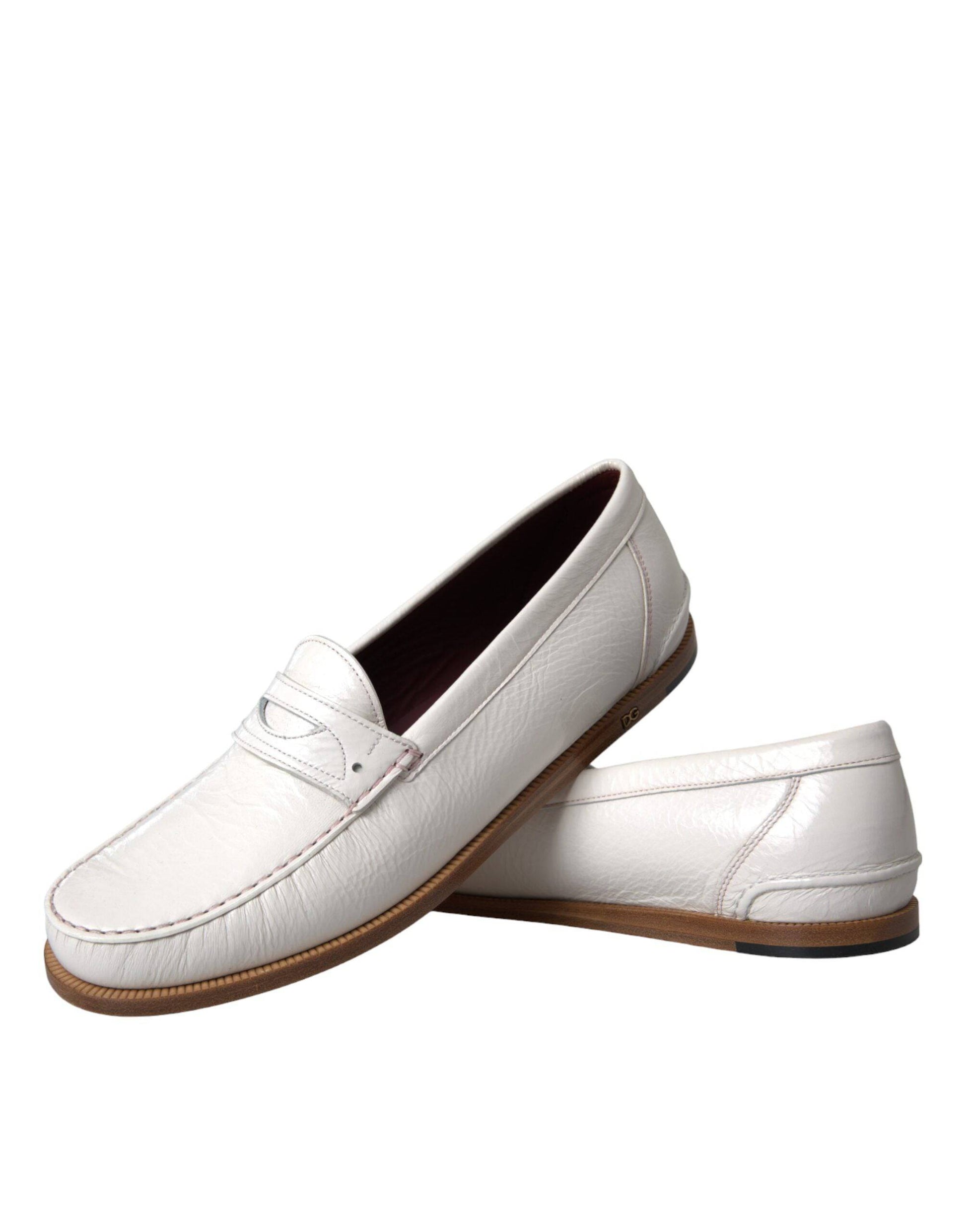 Dolce & Gabbana White Leather Slip On Mocassin Loafers Shoes - ACCEXO