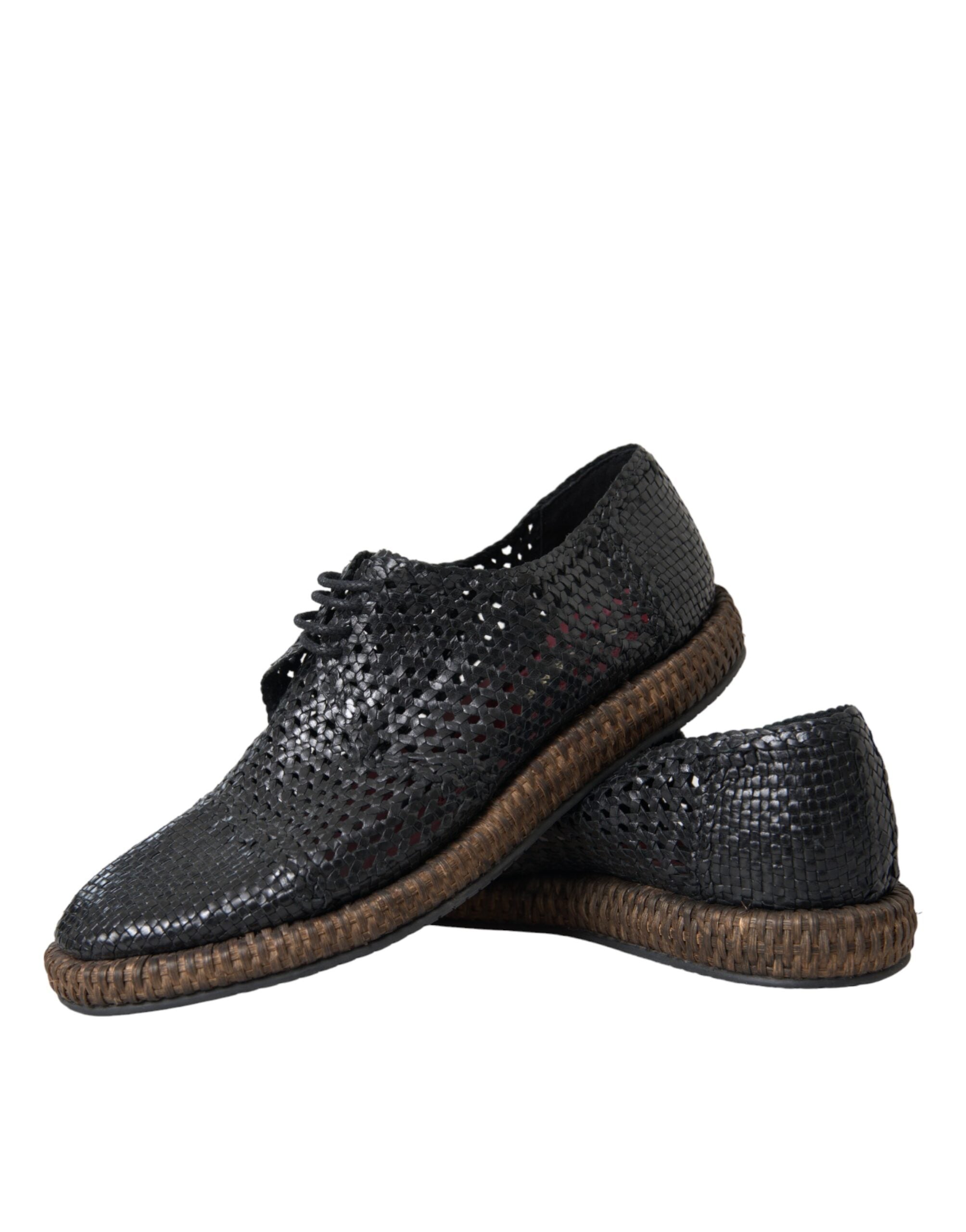 Dolce & Gabbana Black Woven Goat Leather Lace Up Derby Shoes - ACCEXO