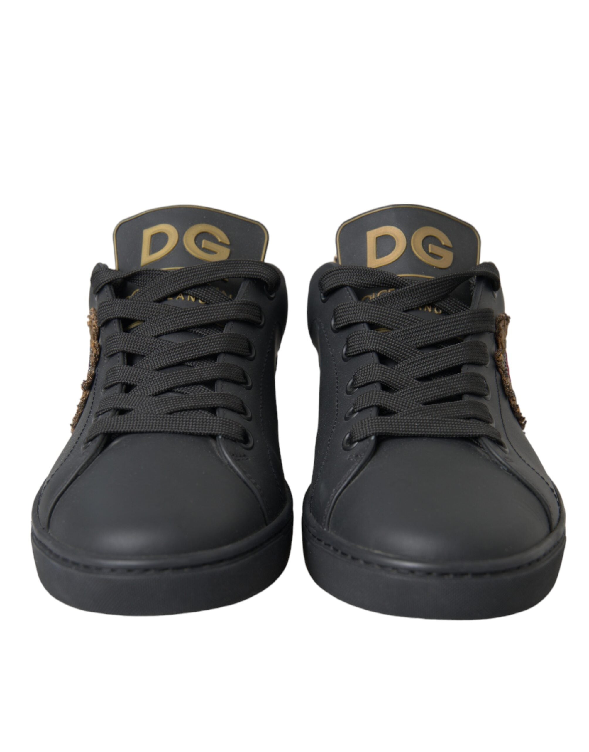 Dolce & Gabbana Black Leather Heart Embellished Sneakers Shoes - ACCEXO