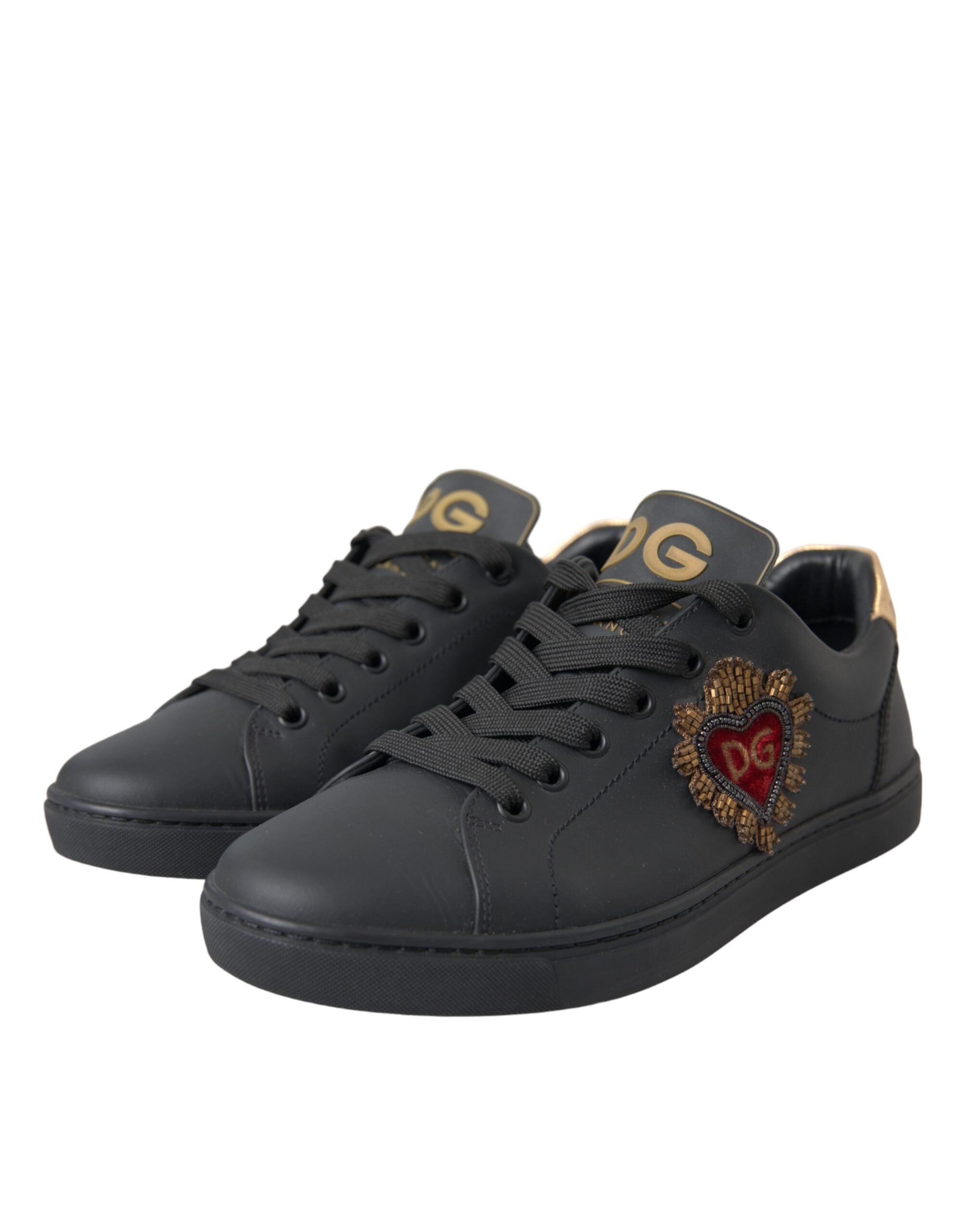 Dolce & Gabbana Black Leather Heart Embellished Sneakers Shoes - ACCEXO