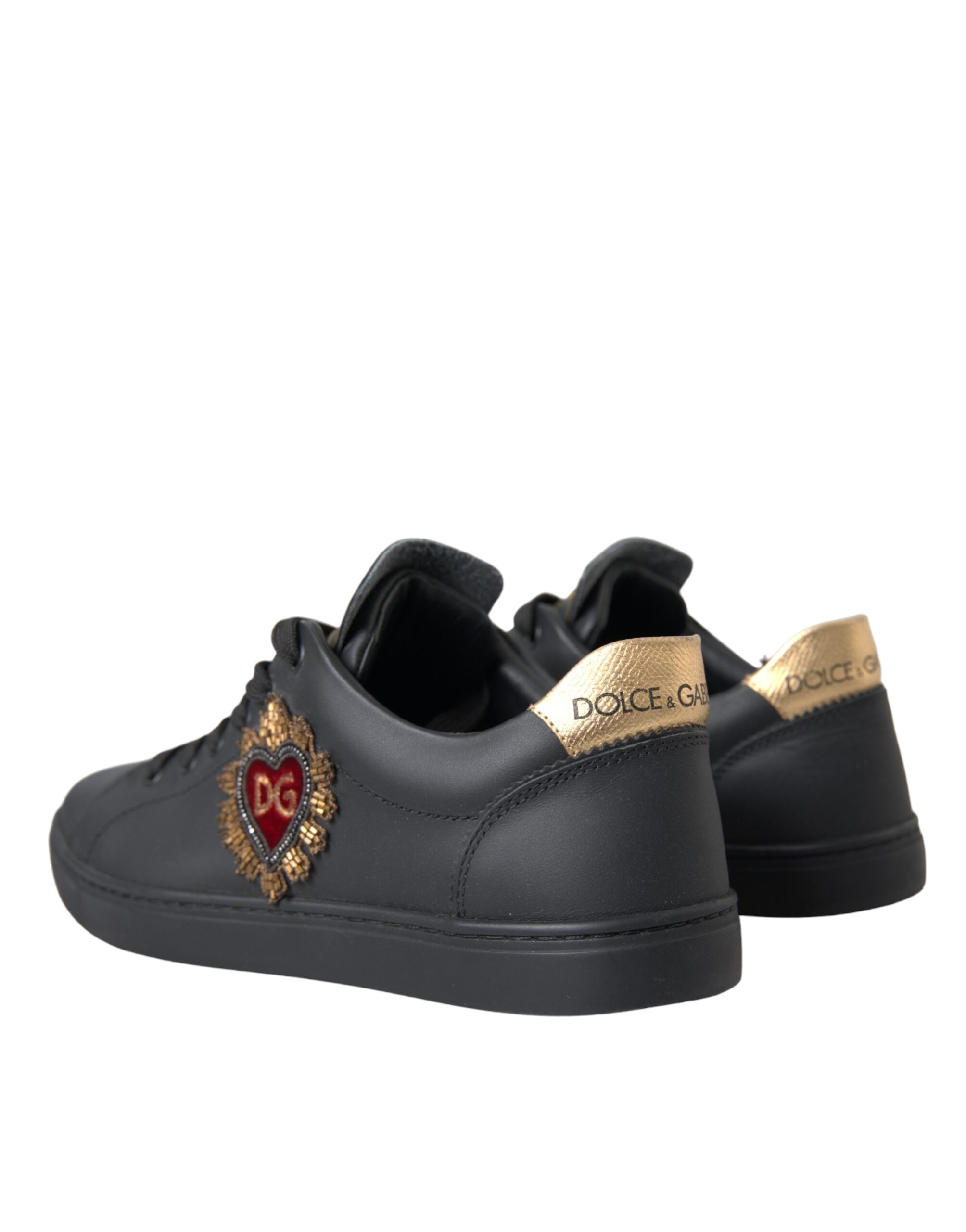 Dolce & Gabbana Black Leather Heart Embellished Sneakers Shoes - ACCEXO
