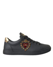 Dolce & Gabbana Black Leather Heart Embellished Sneakers Shoes - ACCEXO