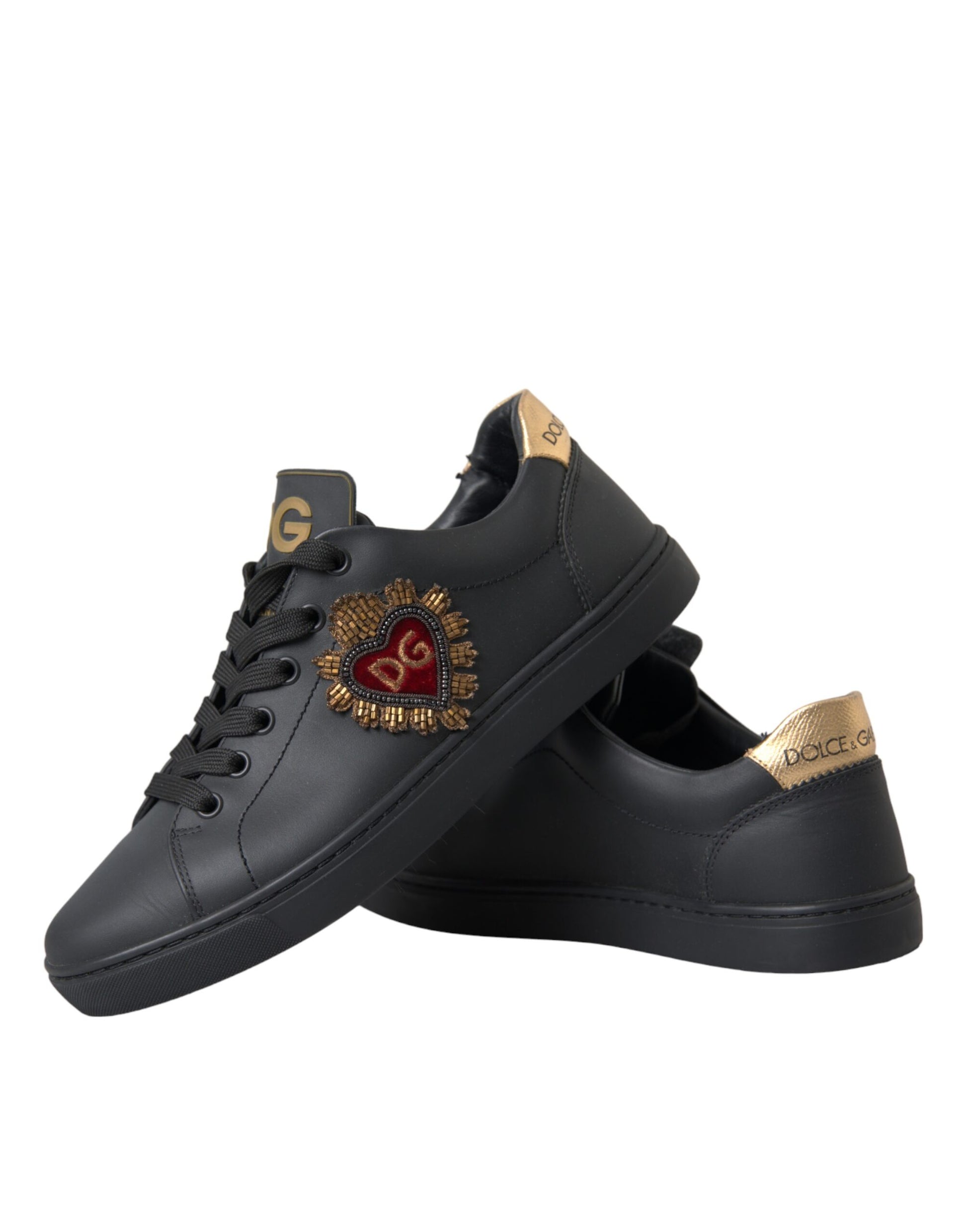 Dolce & Gabbana Black Leather Heart Embellished Sneakers Shoes - ACCEXO