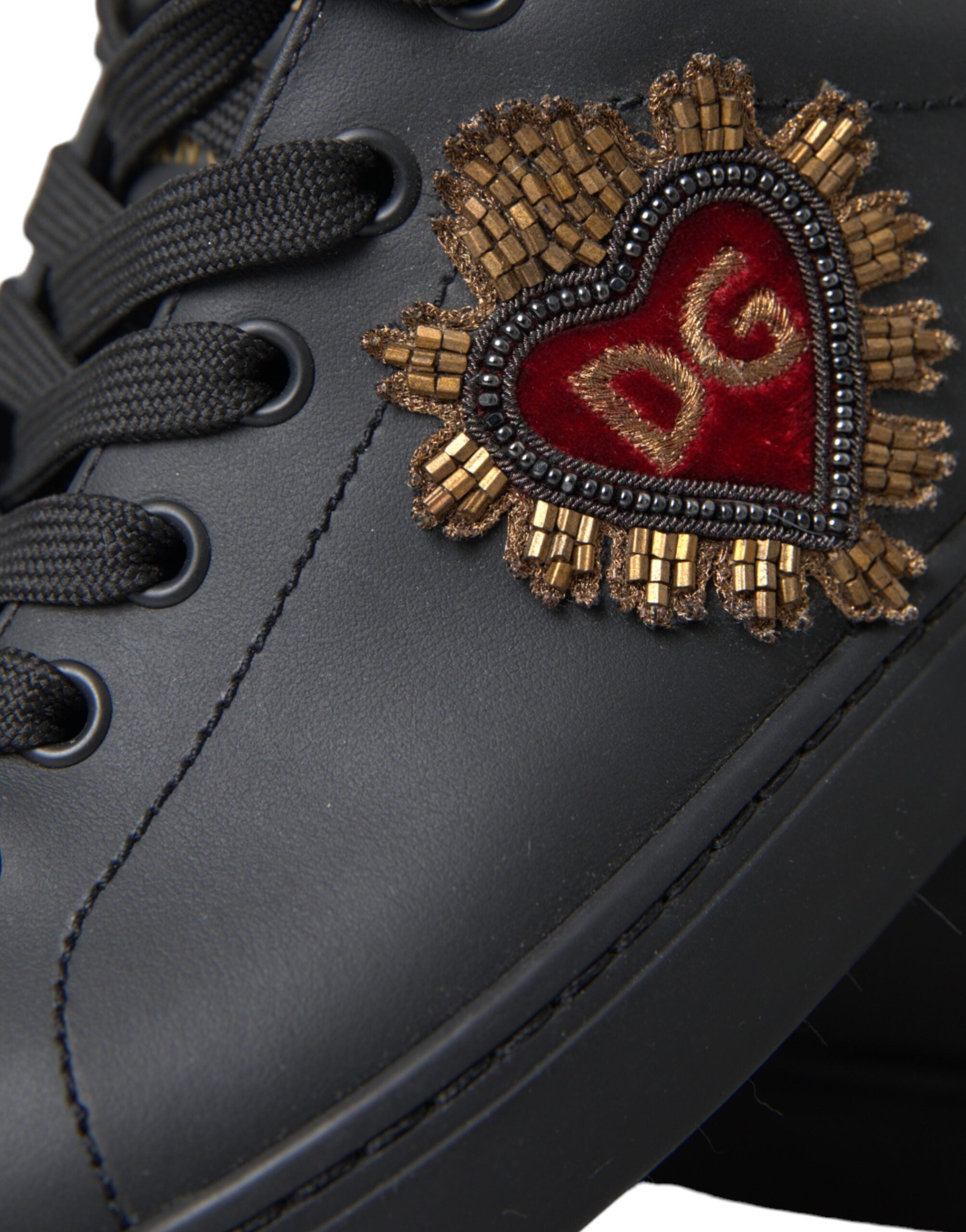 Dolce & Gabbana Black Leather Heart Embellished Sneakers Shoes - ACCEXO