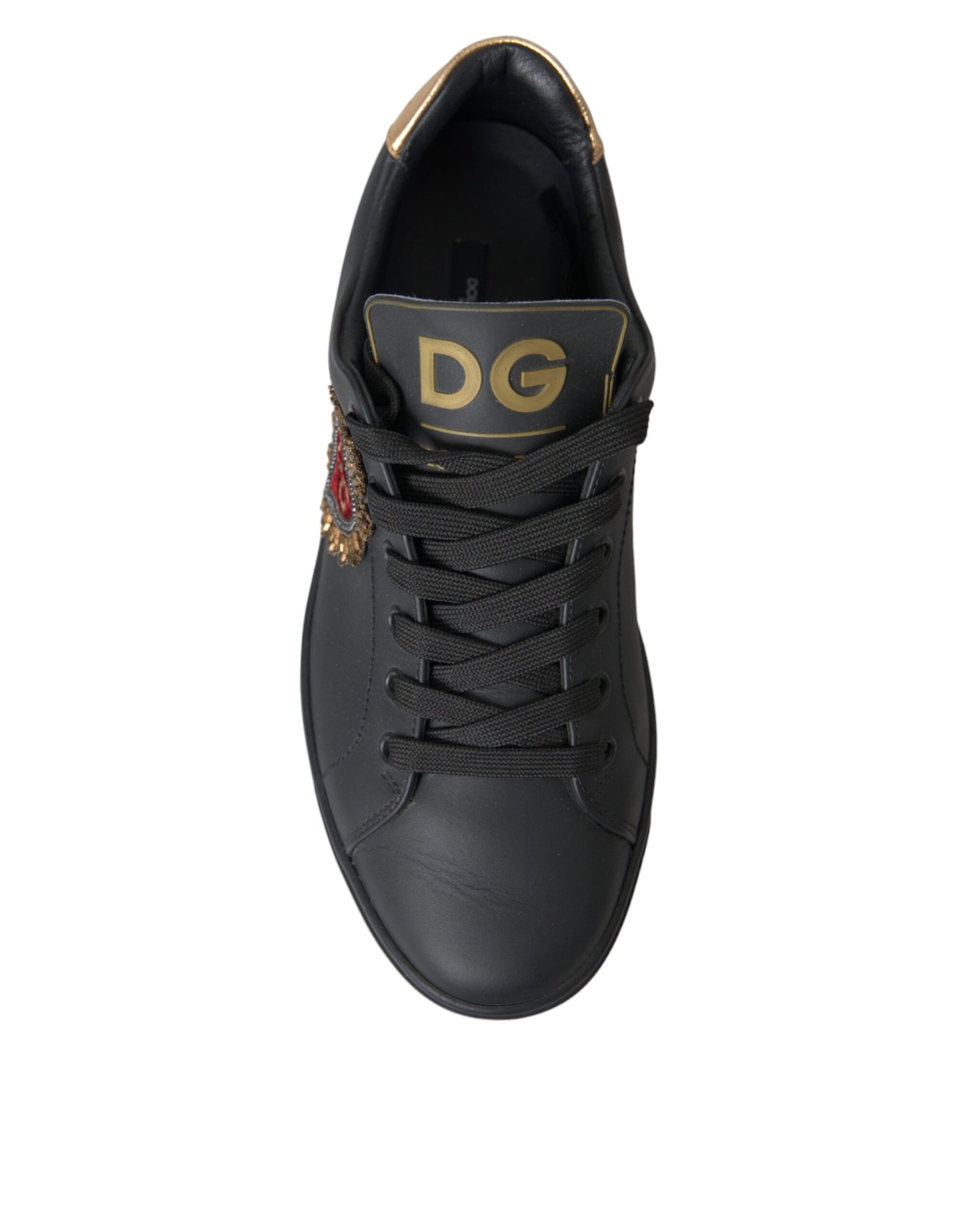 Dolce & Gabbana Black Leather Heart Embellished Sneakers Shoes - ACCEXO
