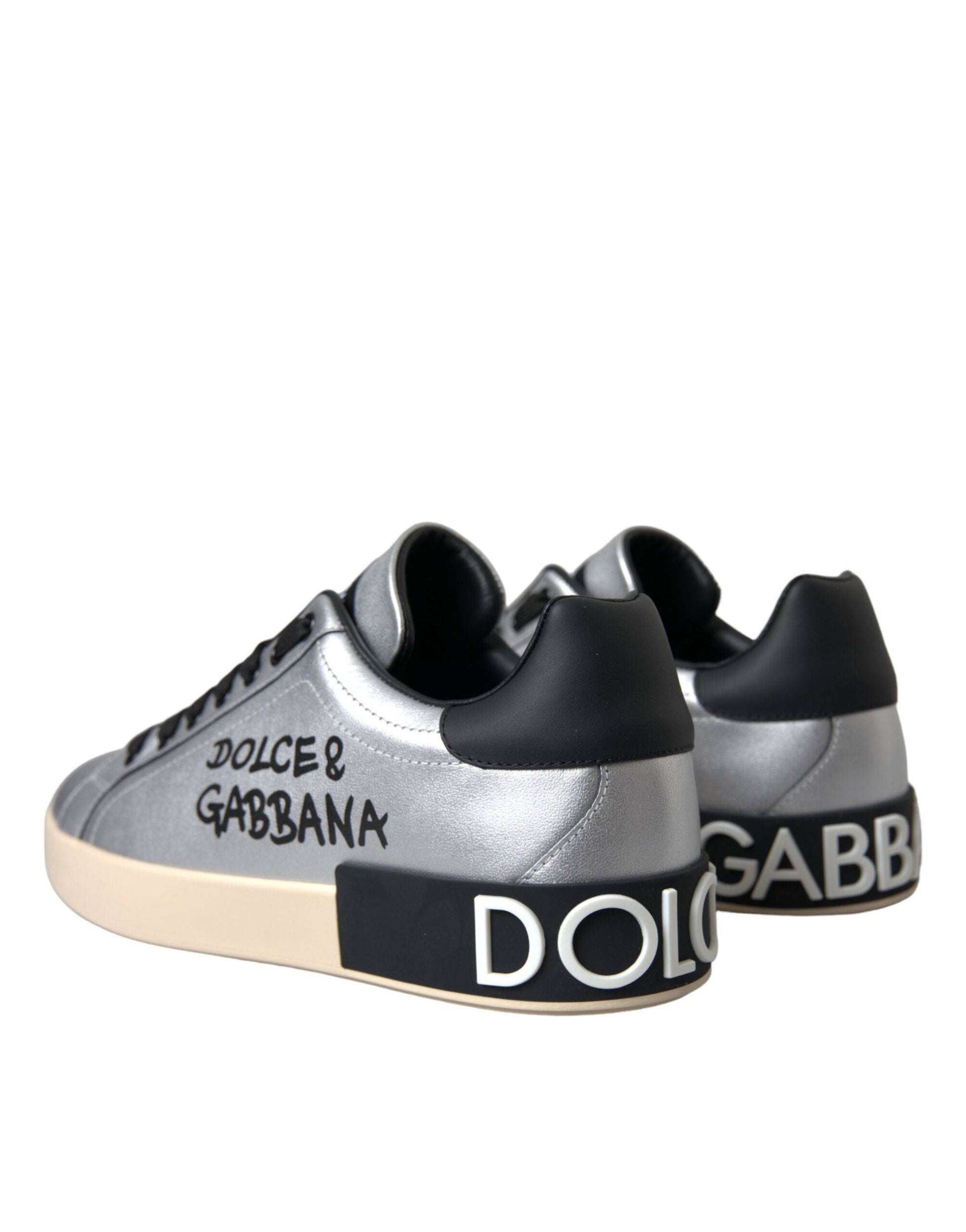 Dolce & Gabbana Silver Portofino Calf Leather Sneakers Men Shoes - ACCEXO