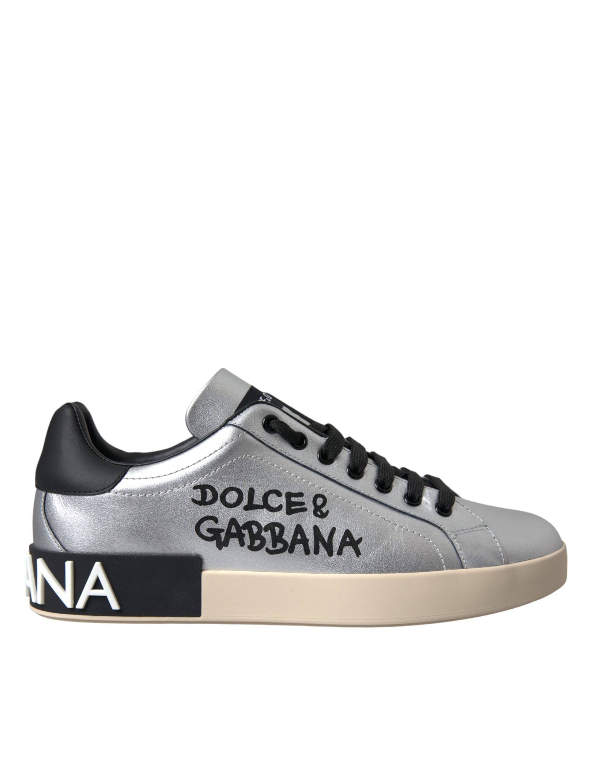 Dolce & Gabbana Silver Portofino Calf Leather Sneakers Men Shoes - ACCEXO
