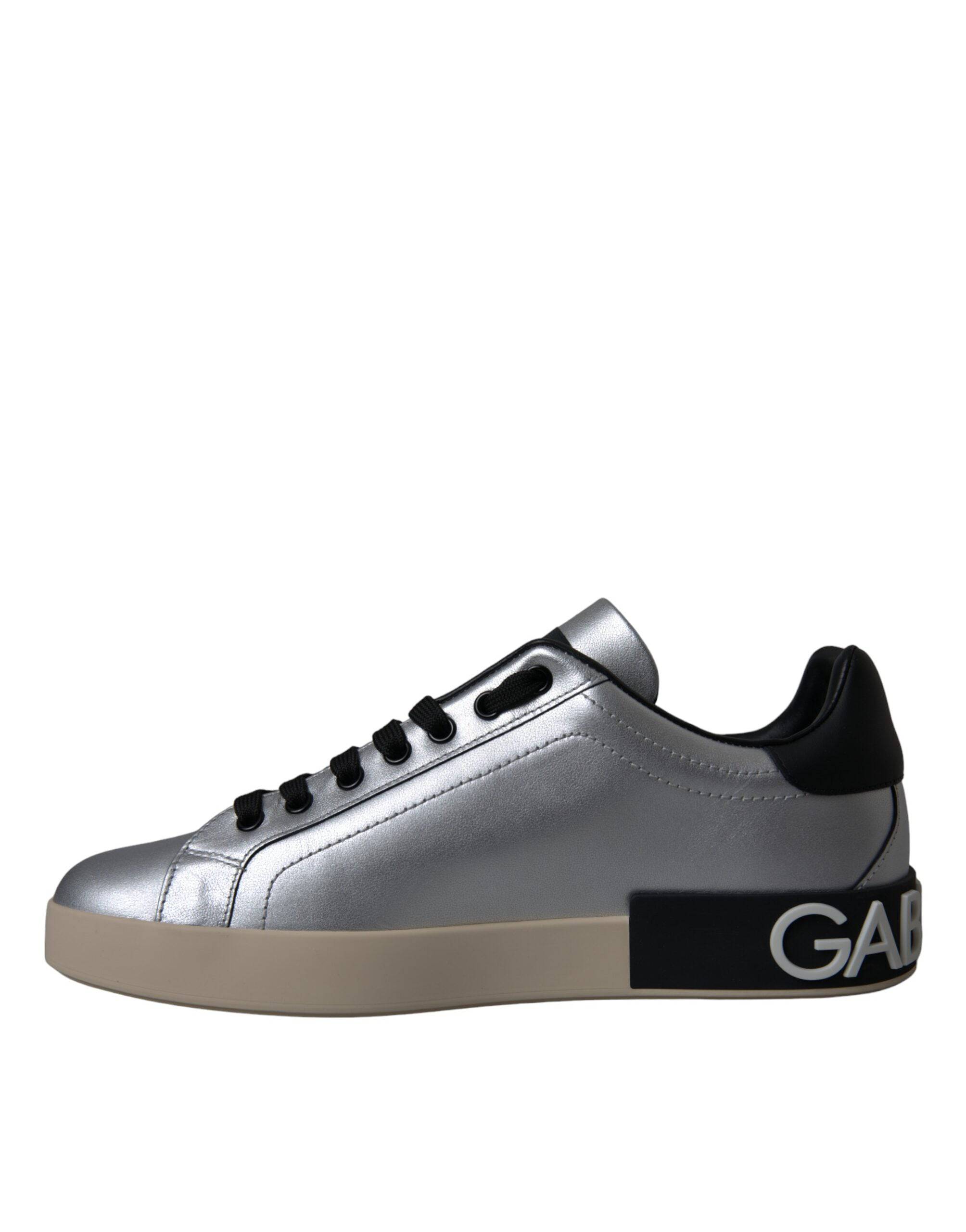 Dolce & Gabbana Silver Portofino Calf Leather Sneakers Men Shoes - ACCEXO