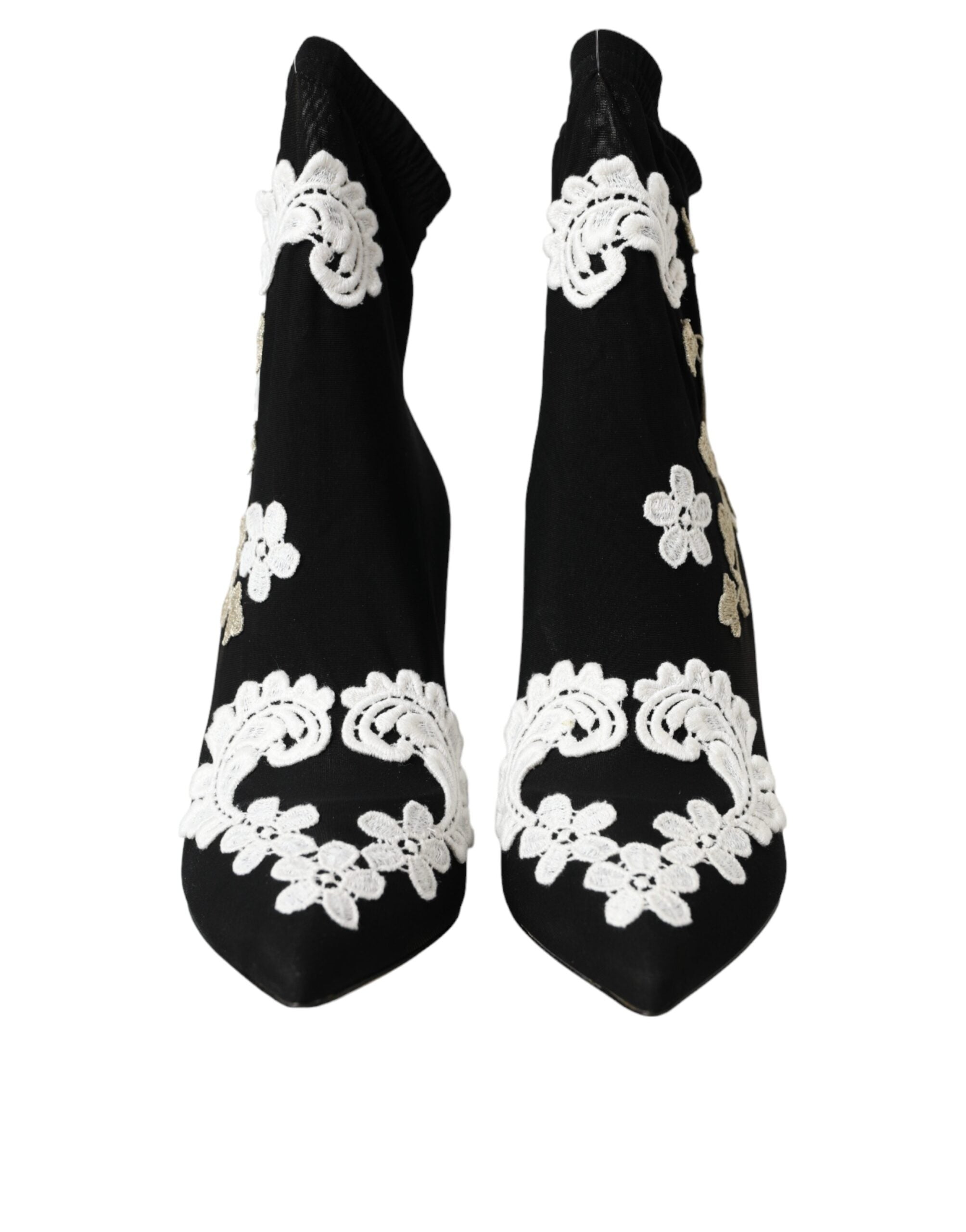 Dolce & Gabbana Black White Embroidery Slip On Boots Shoes - ACCEXO
