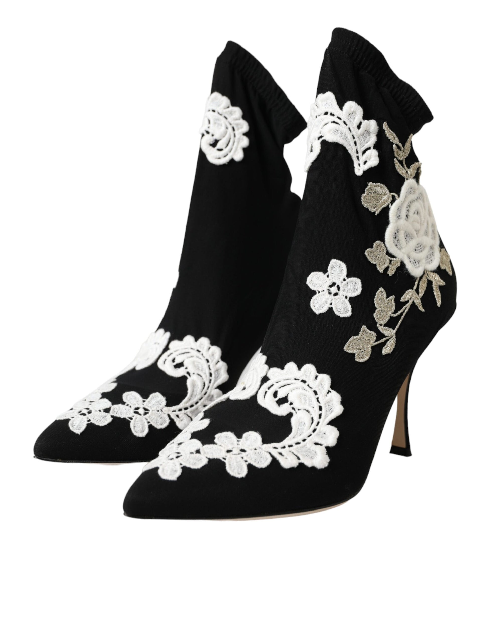 Dolce & Gabbana Black White Embroidery Slip On Boots Shoes - ACCEXO