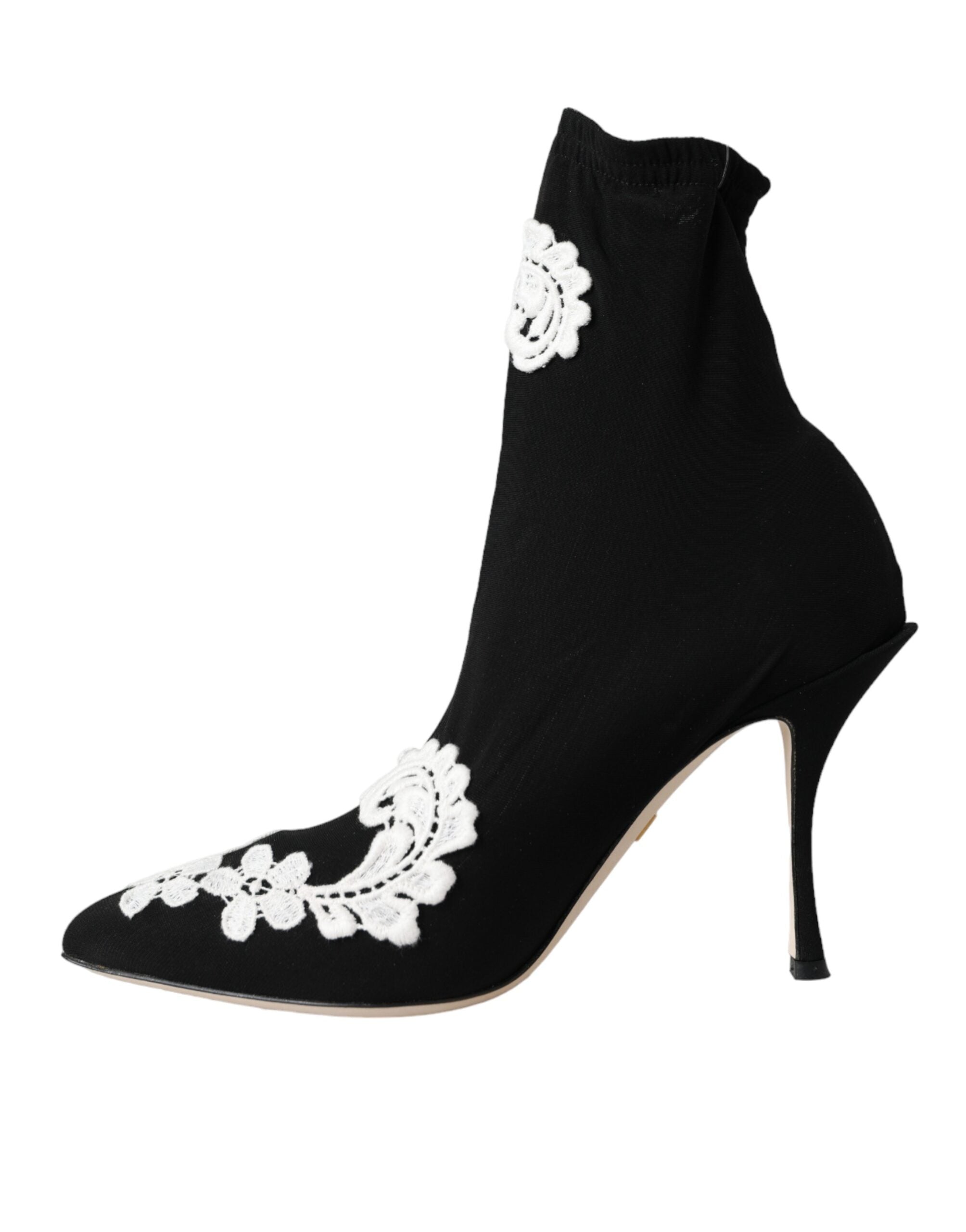 Dolce & Gabbana Black White Embroidery Slip On Boots Shoes - ACCEXO