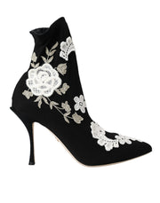 Dolce & Gabbana Black White Embroidery Slip On Boots Shoes - ACCEXO