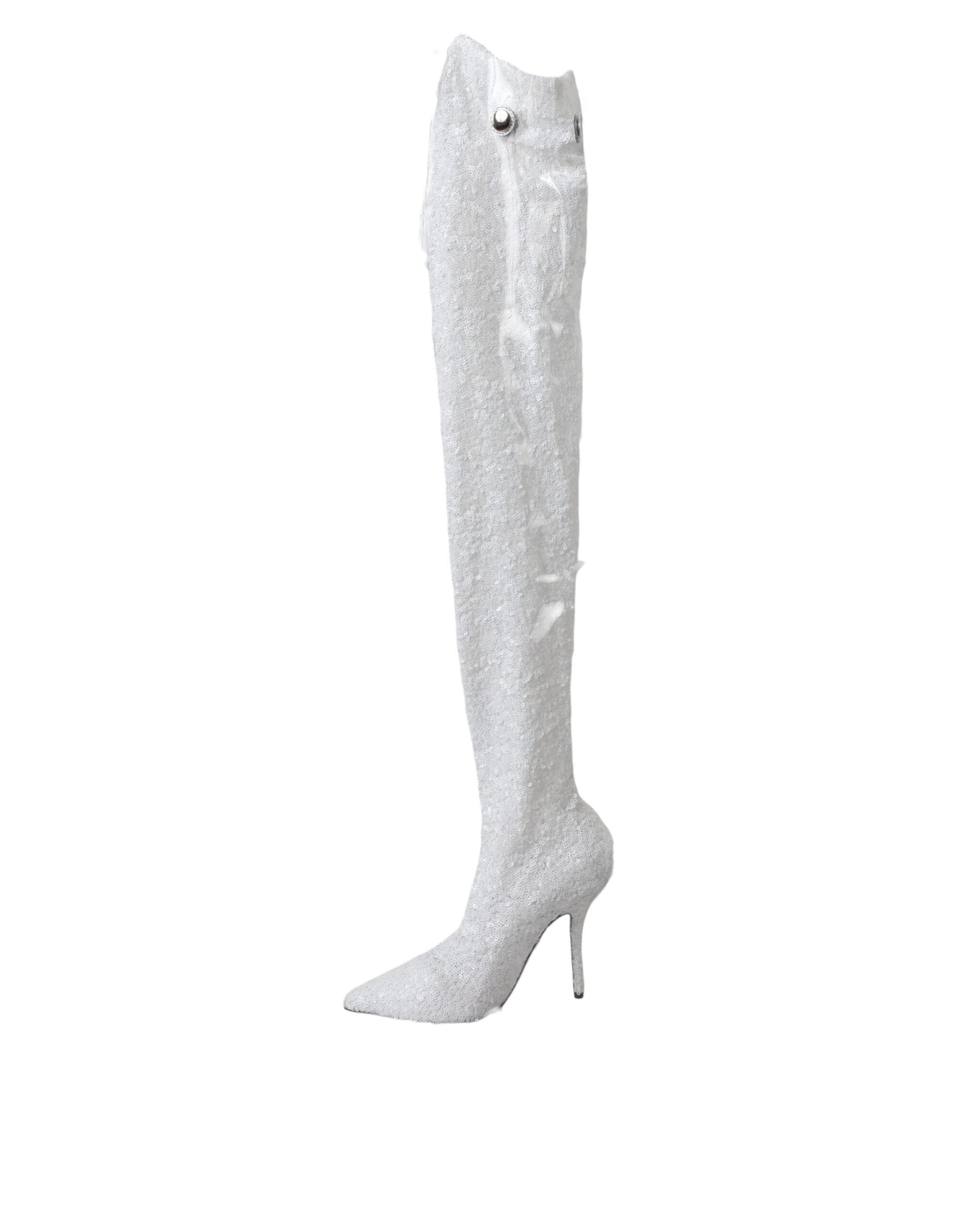 Dolce & Gabbana White Heels Stiletto Knee High Boots Shoes - ACCEXO