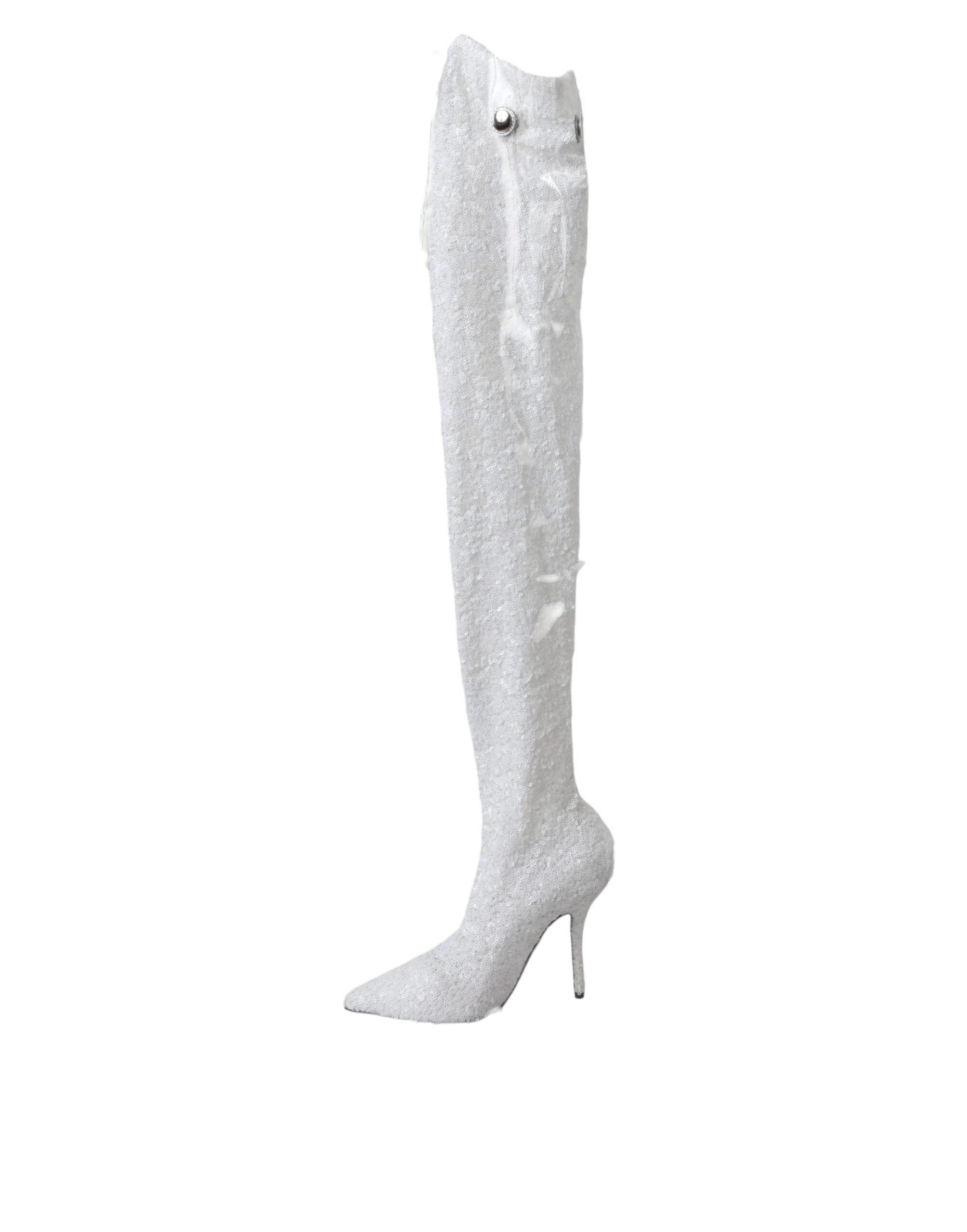 Dolce & Gabbana White Heels Stiletto Knee High Boots Shoes - ACCEXO