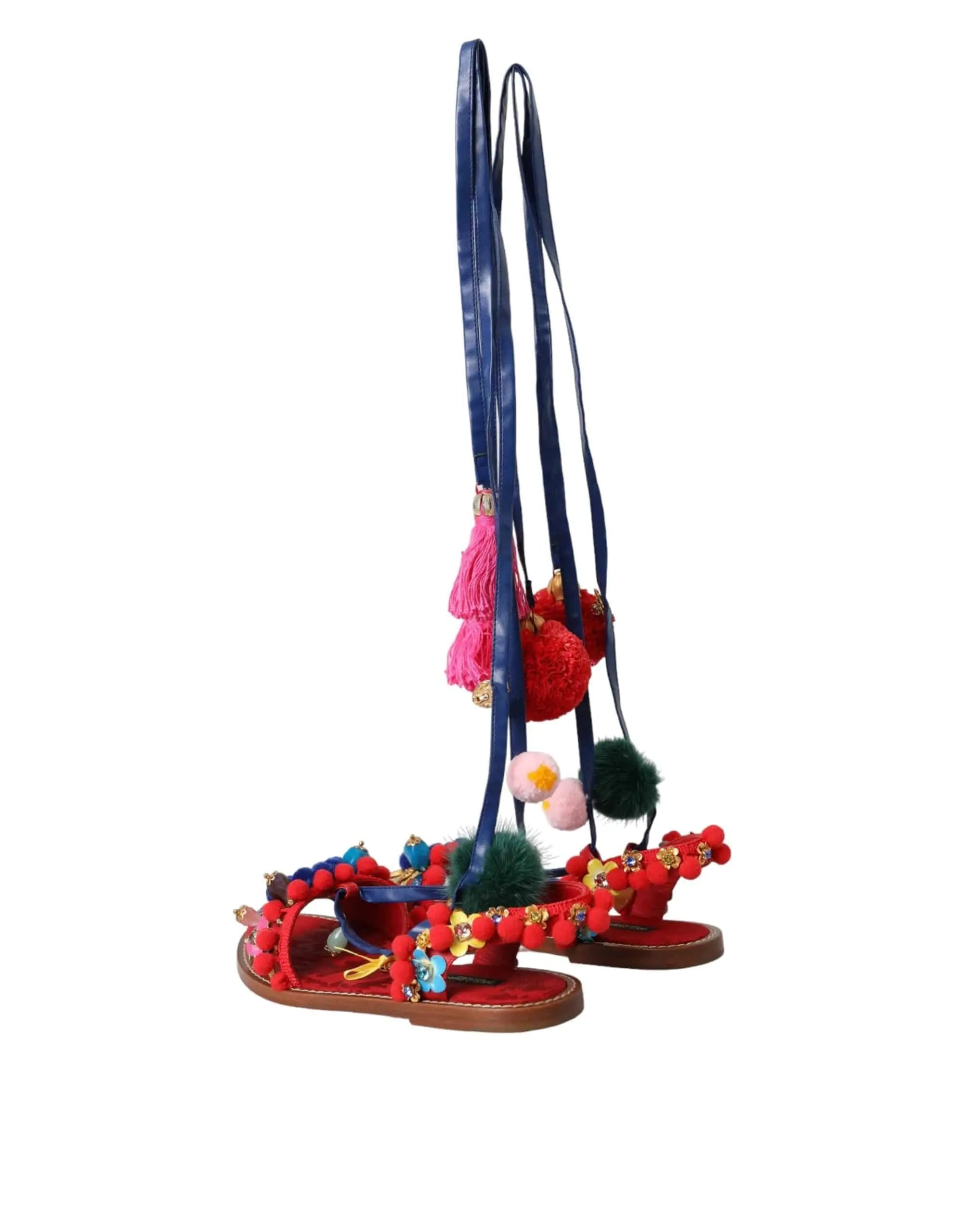 Dolce & Gabbana Multicolor Pom Pom Fur Wrap Sandals Shoes - ACCEXO