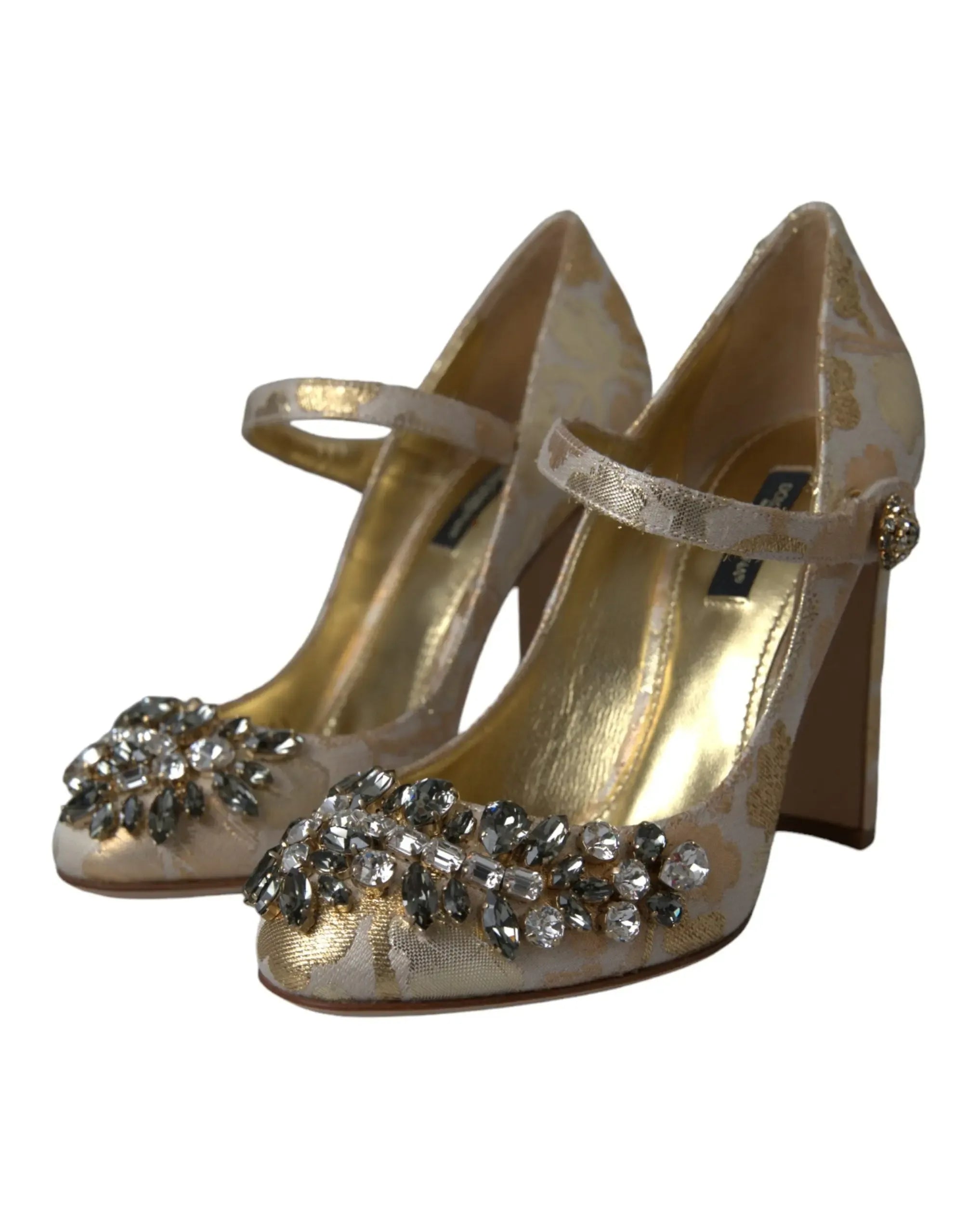 Dolce & Gabbana Gold Jacquard Crystal Mary Janes Pumps Shoes - Zachava Main image