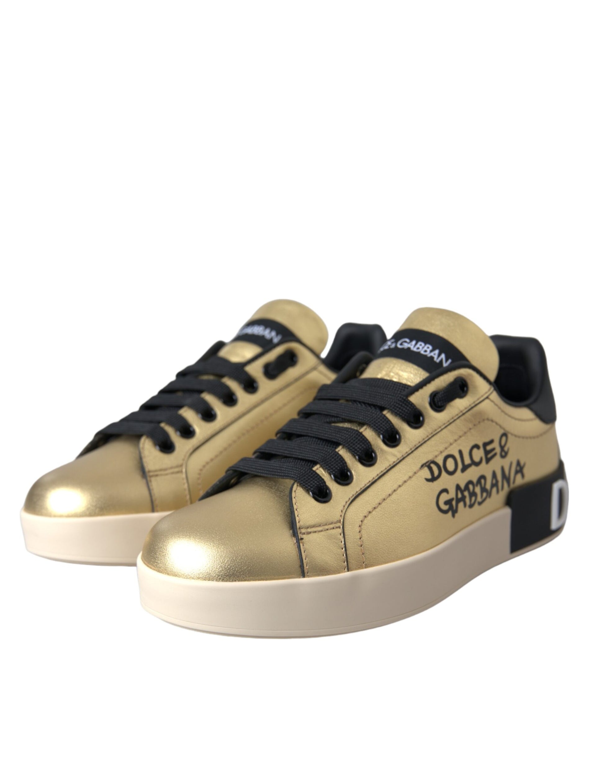 Dolce & Gabbana Gold Portofino Calf Leather Sneakers Women Shoes - ACCEXO