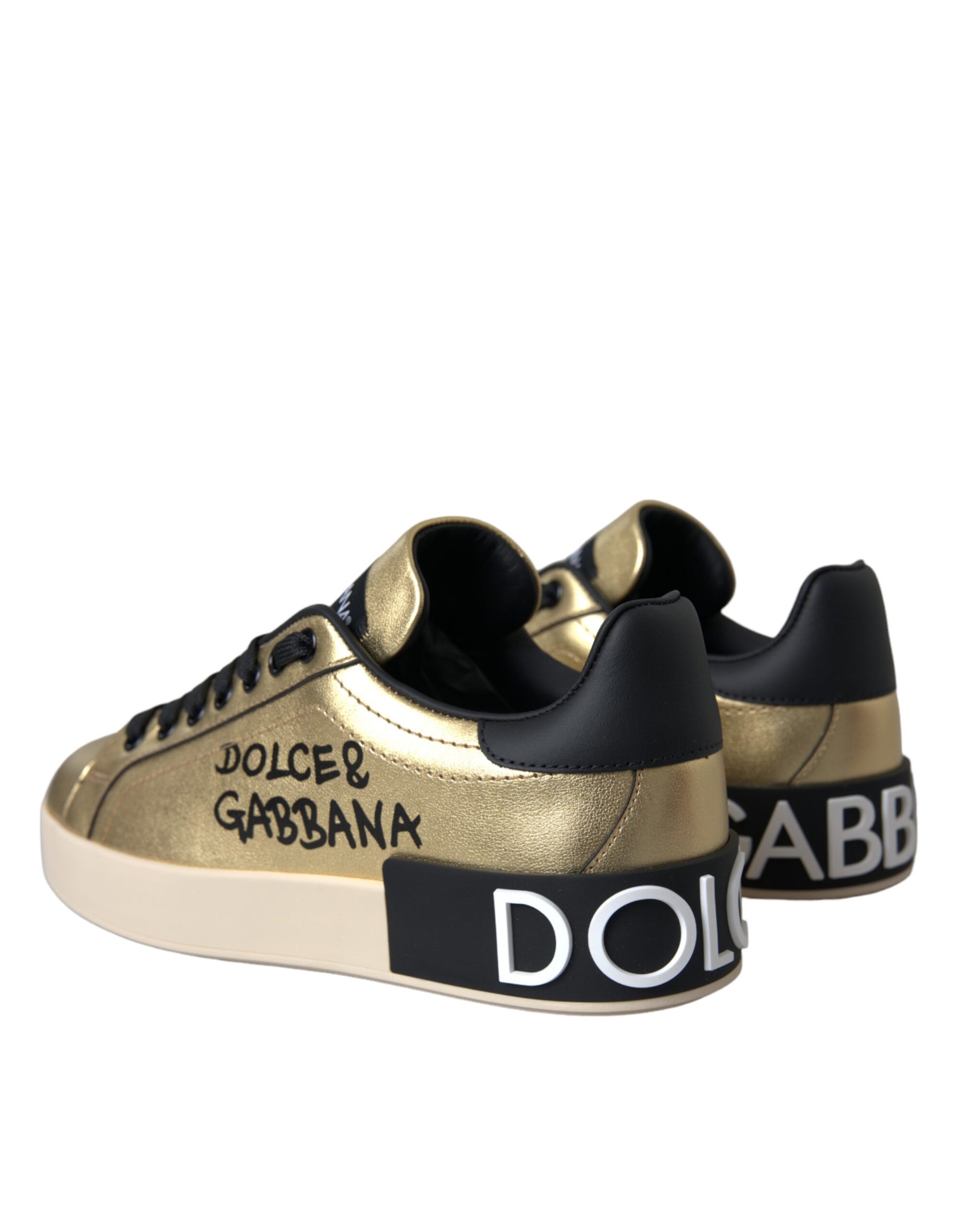 Dolce & Gabbana Gold Portofino Calf Leather Sneakers Women Shoes - ACCEXO