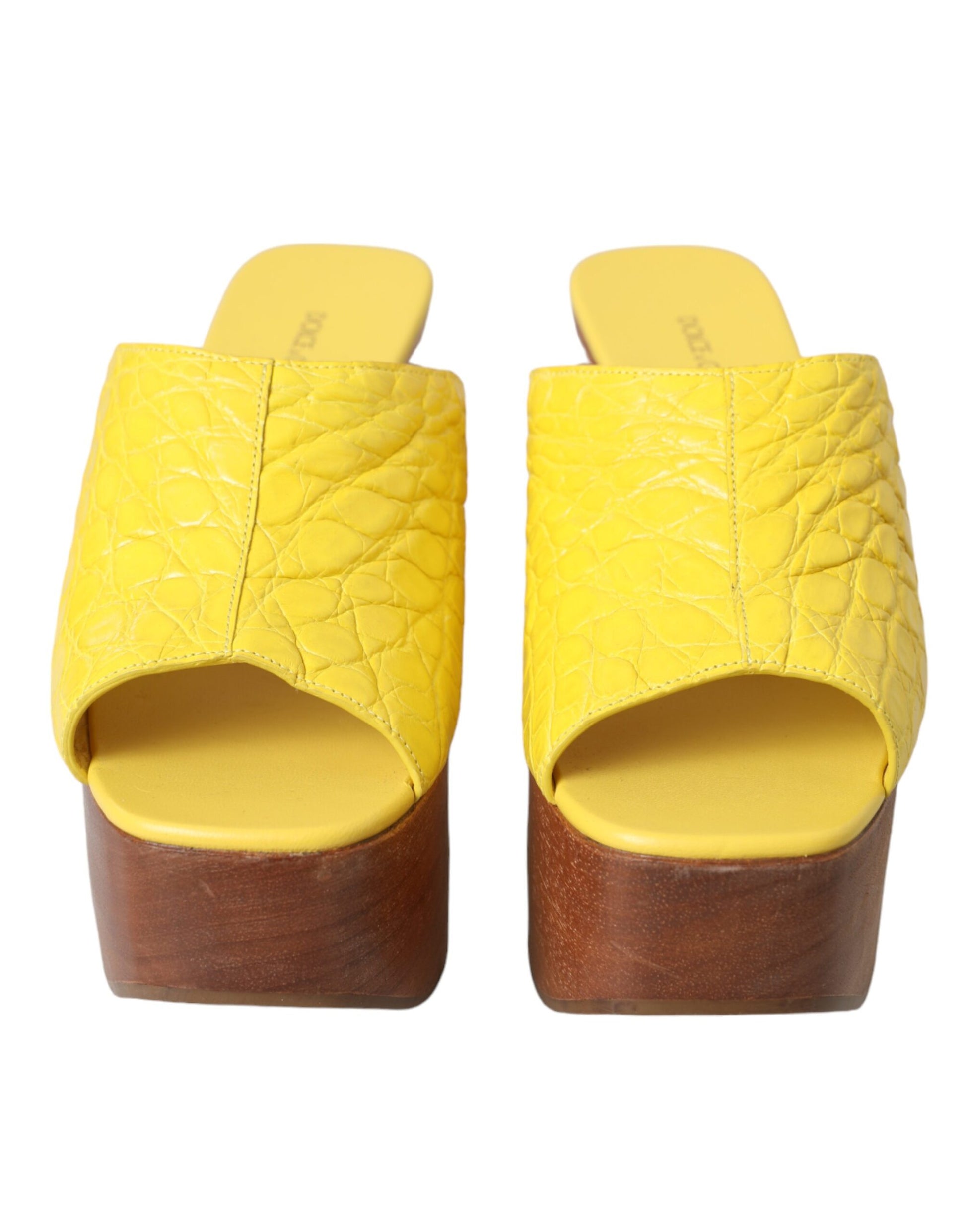 Dolce & Gabbana Yellow Leather Wood Mule Wedge Slides Shoes - ACCEXO