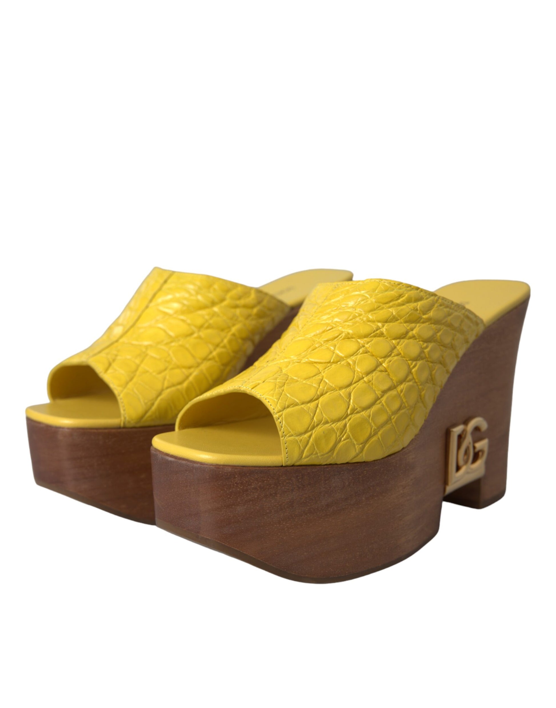 Dolce & Gabbana Yellow Leather Wood Mule Wedge Slides Shoes - ACCEXO