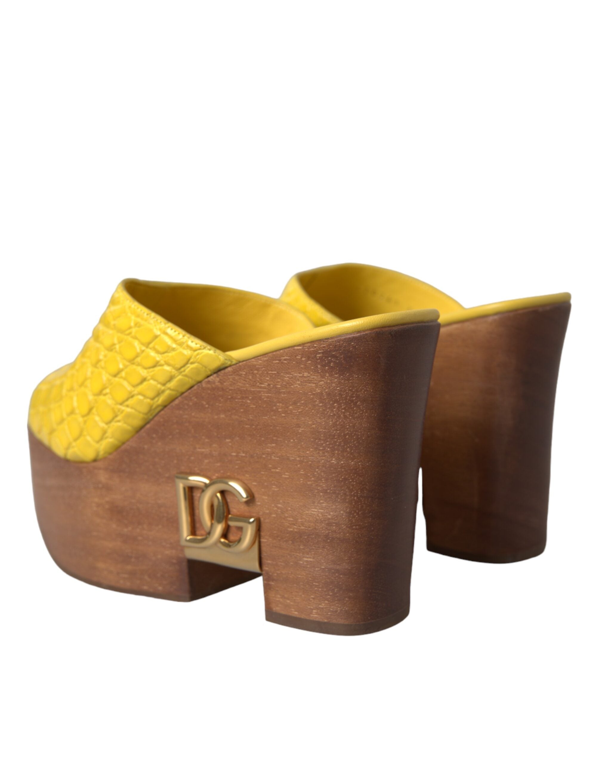 Dolce & Gabbana Yellow Leather Wood Mule Wedge Slides Shoes - ACCEXO