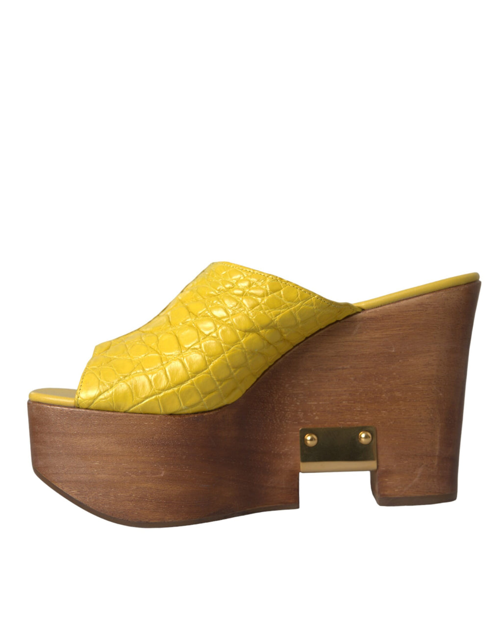 Dolce & Gabbana Yellow Leather Wood Mule Wedge Slides Shoes - ACCEXO