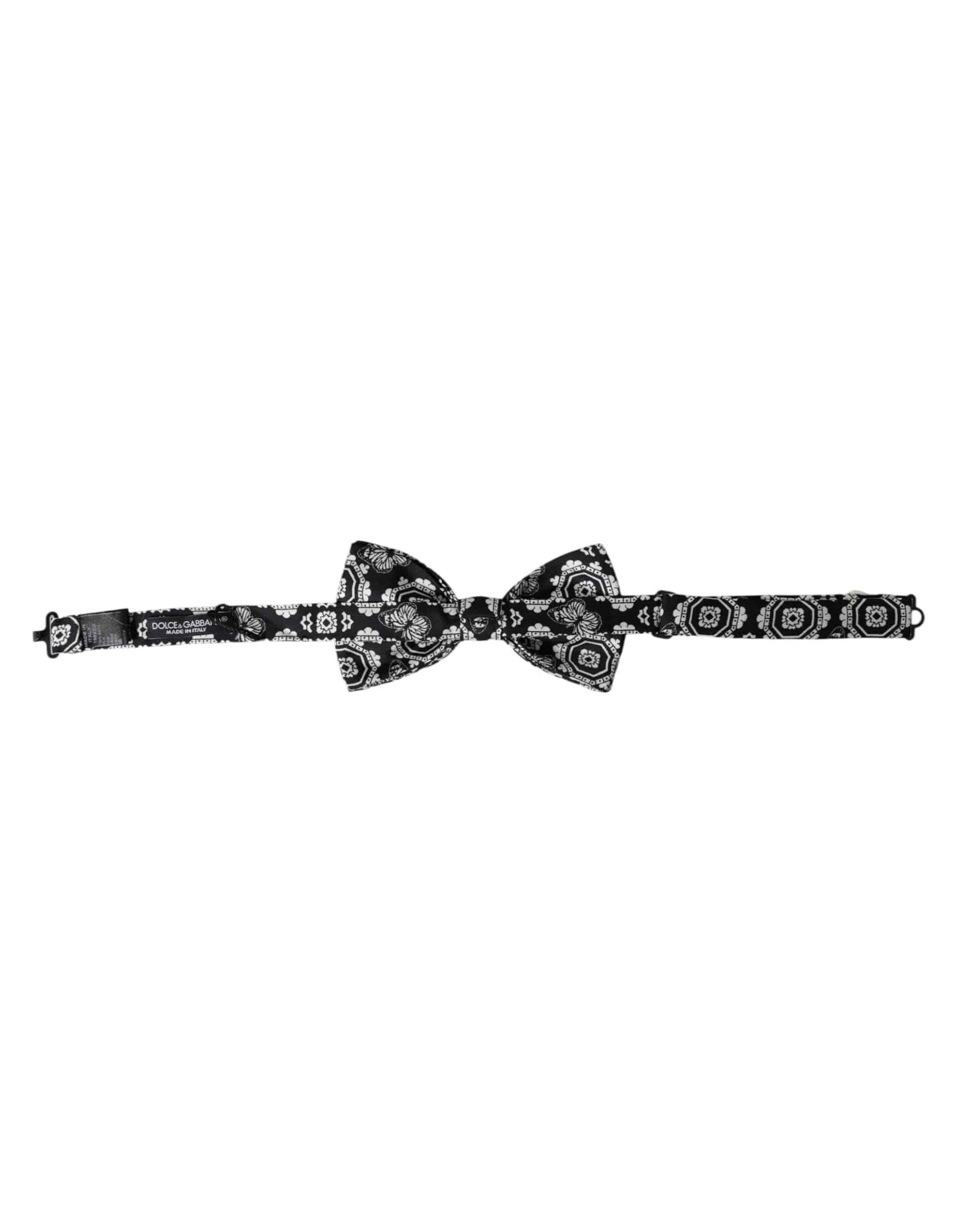 Dolce & Gabbana Black White Printed Adjustable Neck Men Bow Tie - ACCEXO