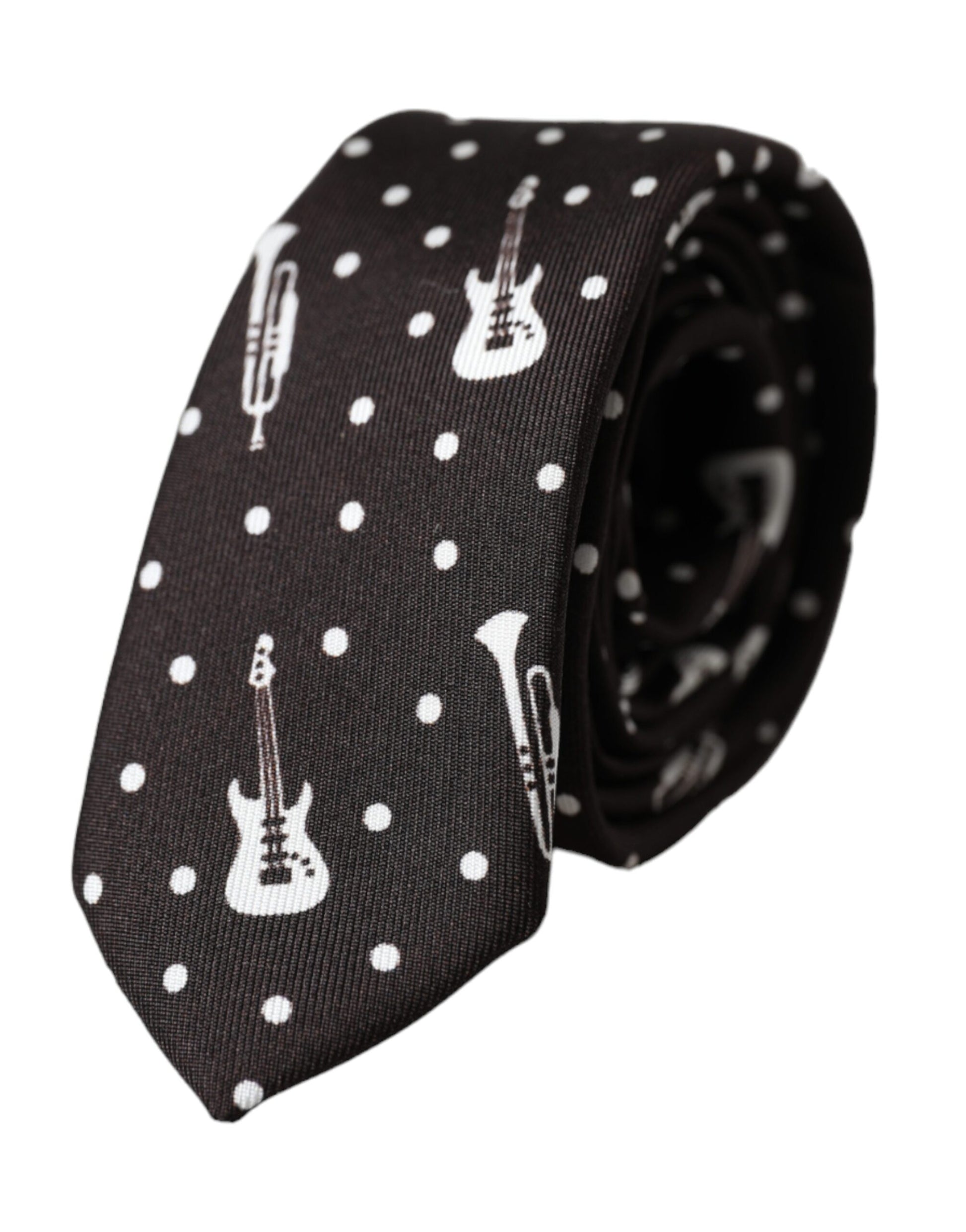 Dolce & Gabbana Black Guitar Print Silk Adjustable Tie - ACCEXO