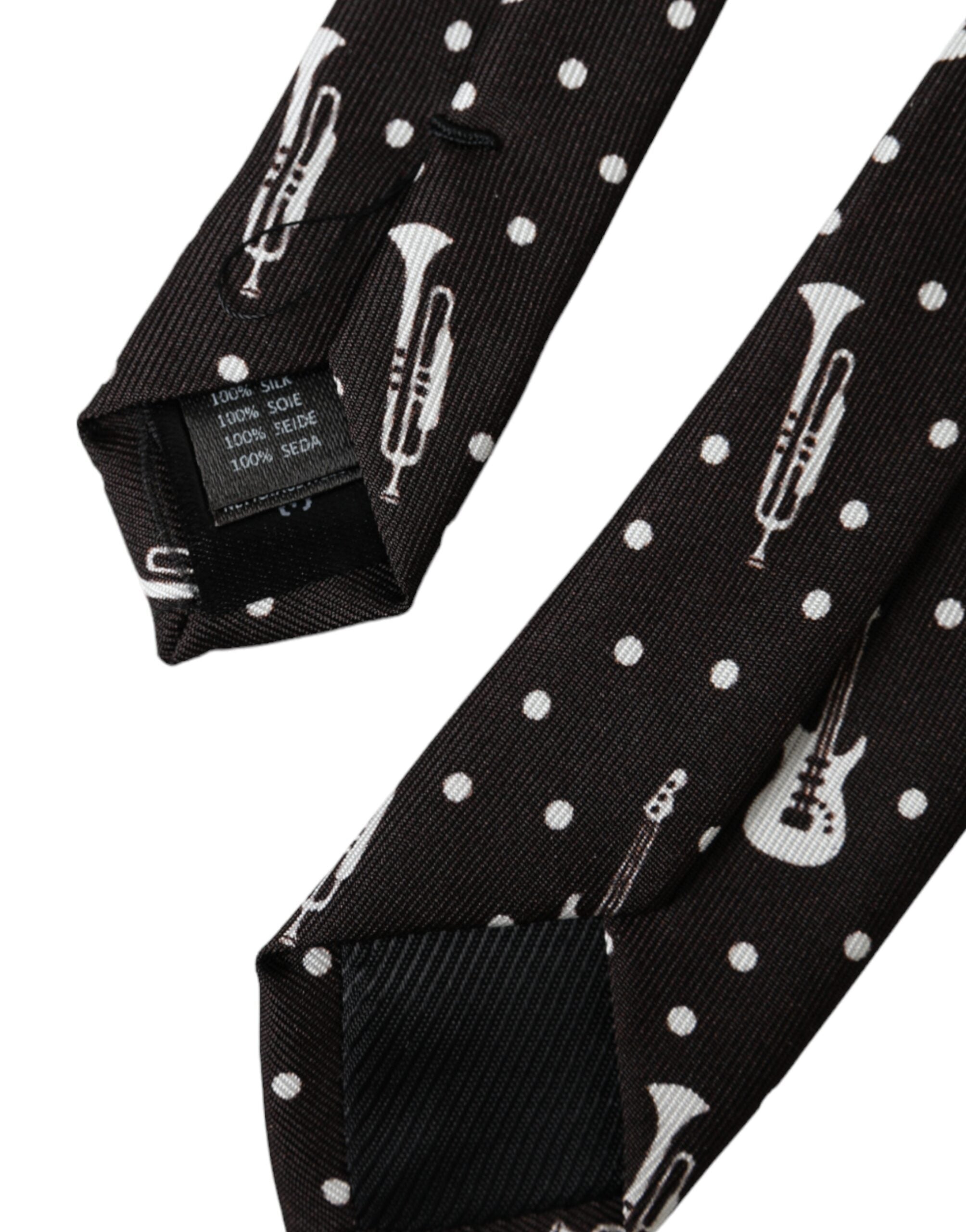 Dolce & Gabbana Black Guitar Print Silk Adjustable Tie - ACCEXO