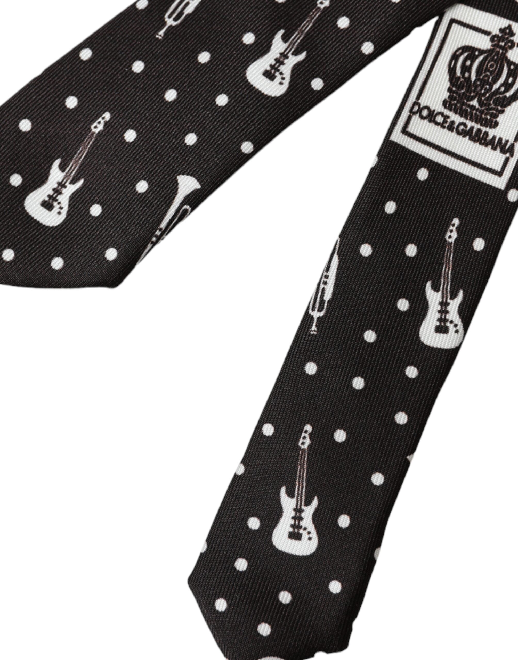Dolce & Gabbana Black Guitar Print Silk Adjustable Tie - ACCEXO