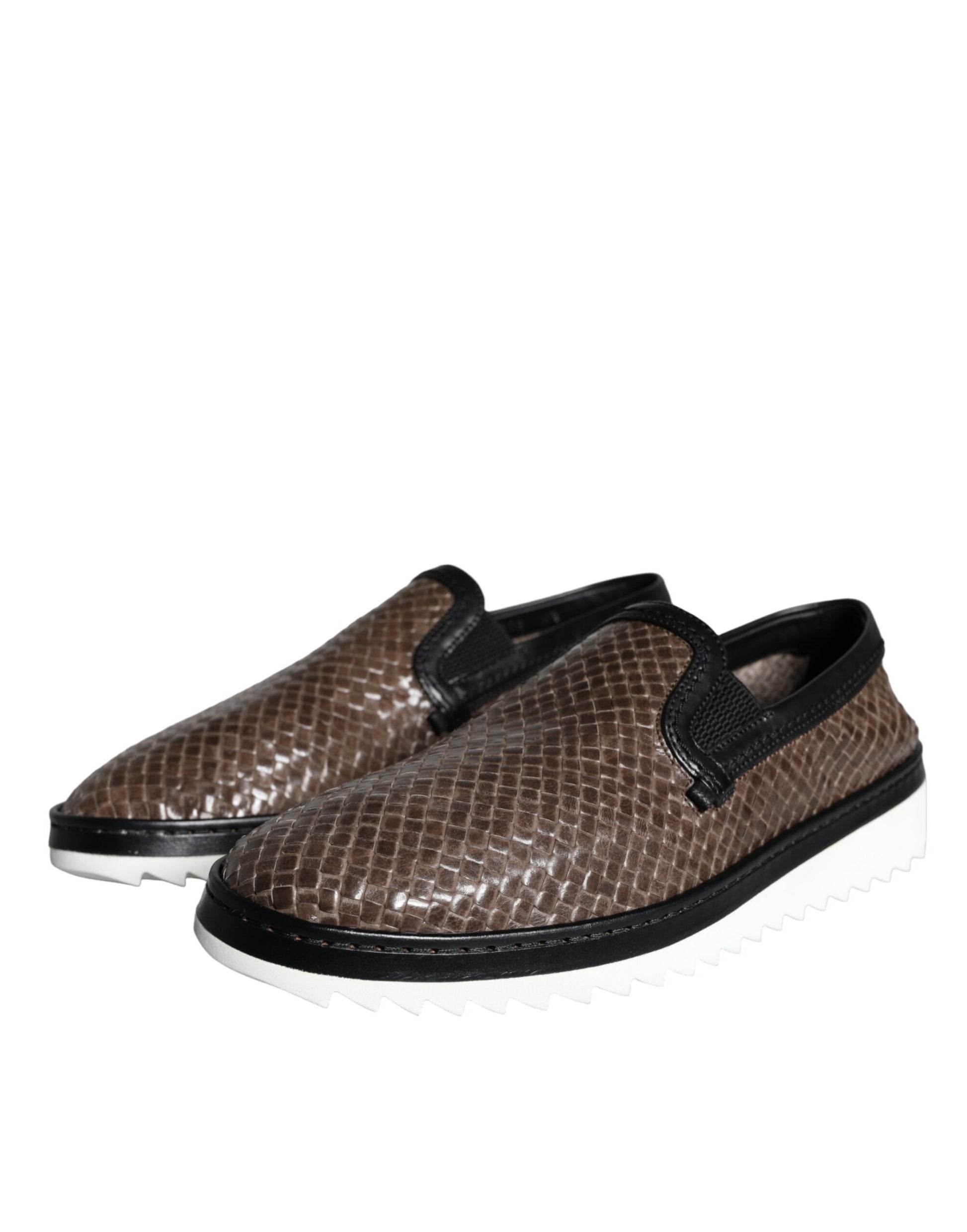 Dolce & Gabbana Brown Black Leather Weaved Men Loafers Shoes - ACCEXO