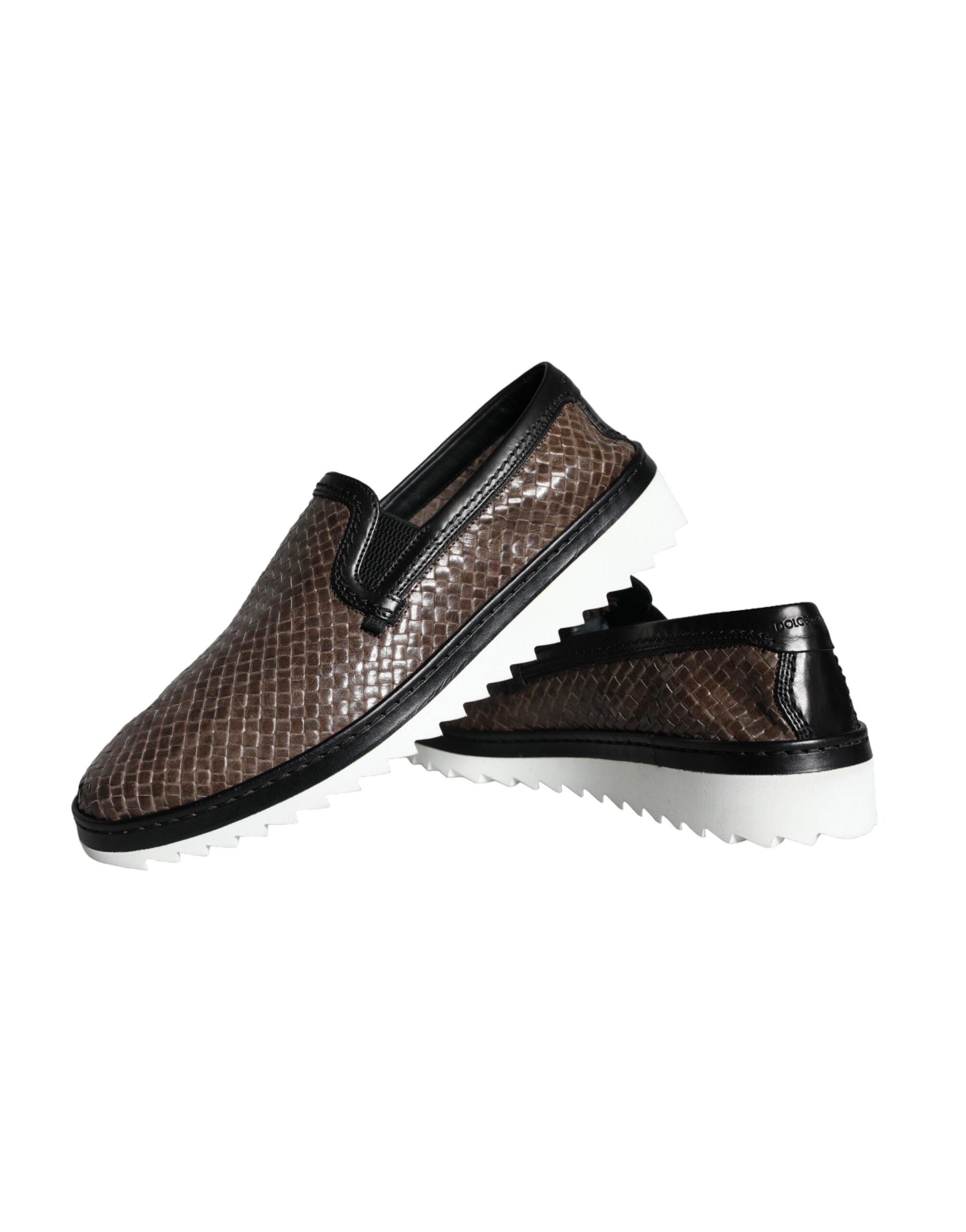 Dolce & Gabbana Brown Black Leather Weaved Men Loafers Shoes - ACCEXO