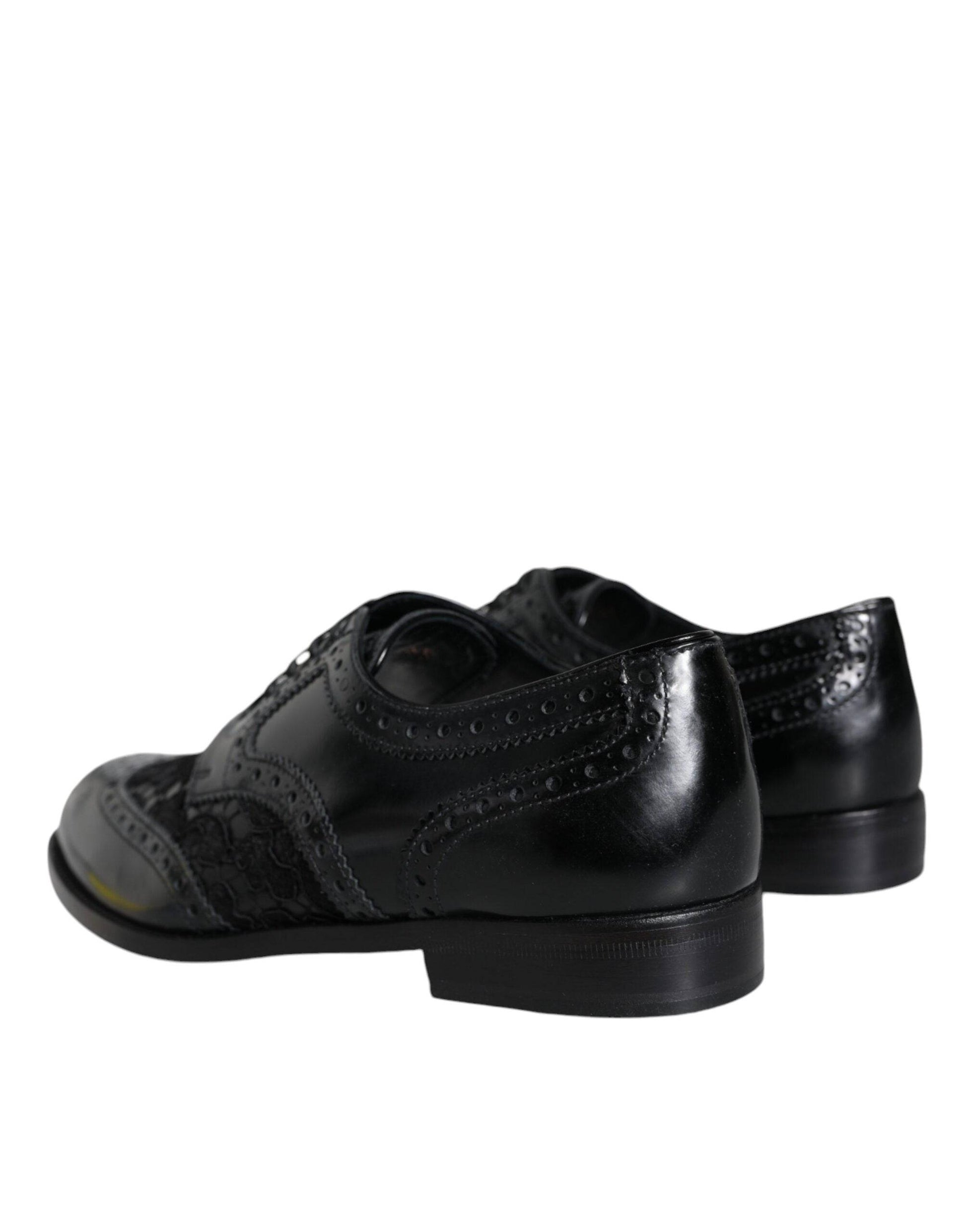 Dolce & Gabbana Black Leather Floral Lace Dress Formal Shoes - ACCEXO