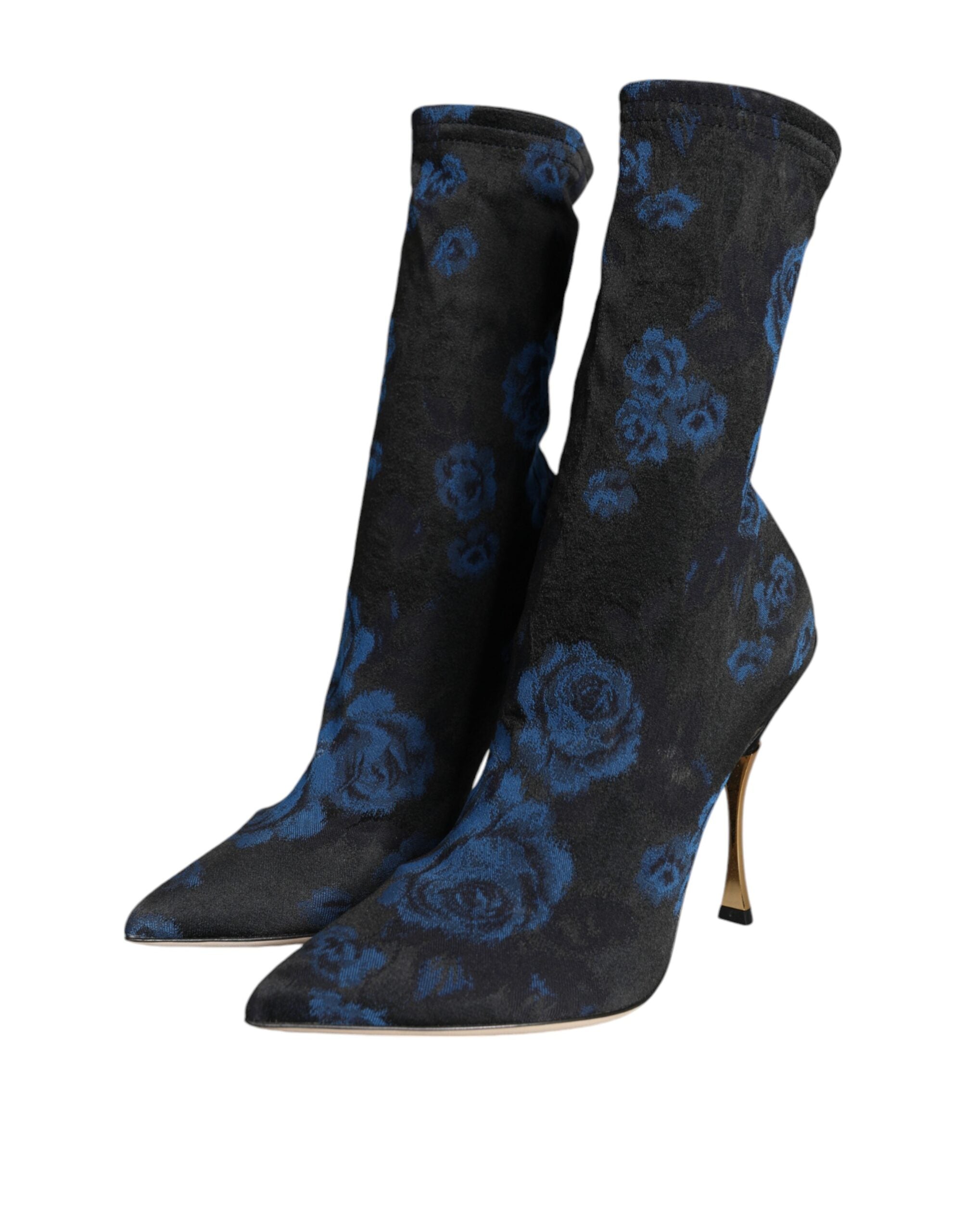 Dolce & Gabbana Black Floral Stretch Mid Calf Boots Shoes - ACCEXO