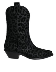Dolce & Gabbana Black Gray Leopard Cowboy Boots Shoes - ACCEXO