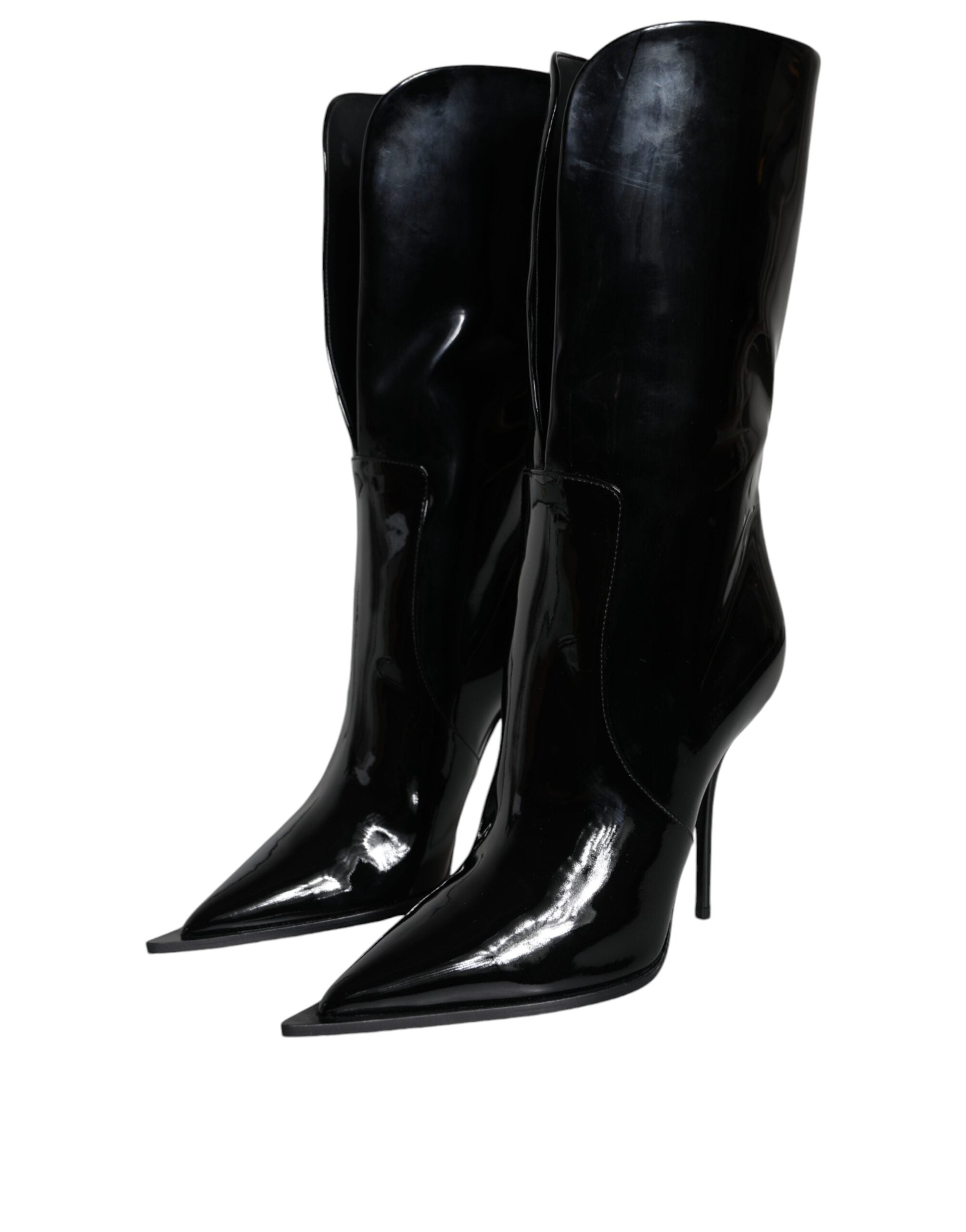 Dolce & Gabbana Black Patent Leather Mid Calf Boots Shoes - ACCEXO