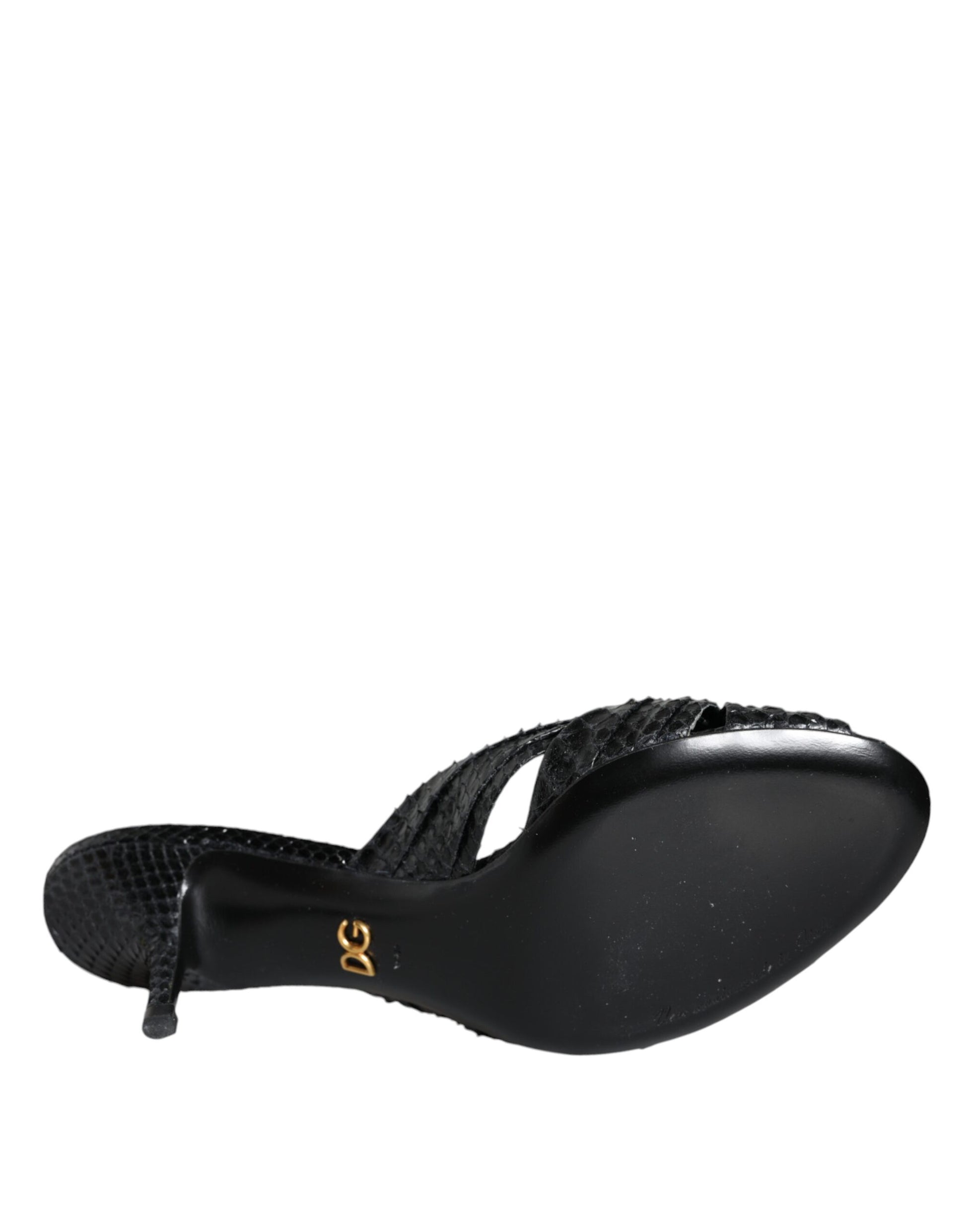 Dolce & Gabbana Black Leather Heels Slides Sandals Shoes - ACCEXO