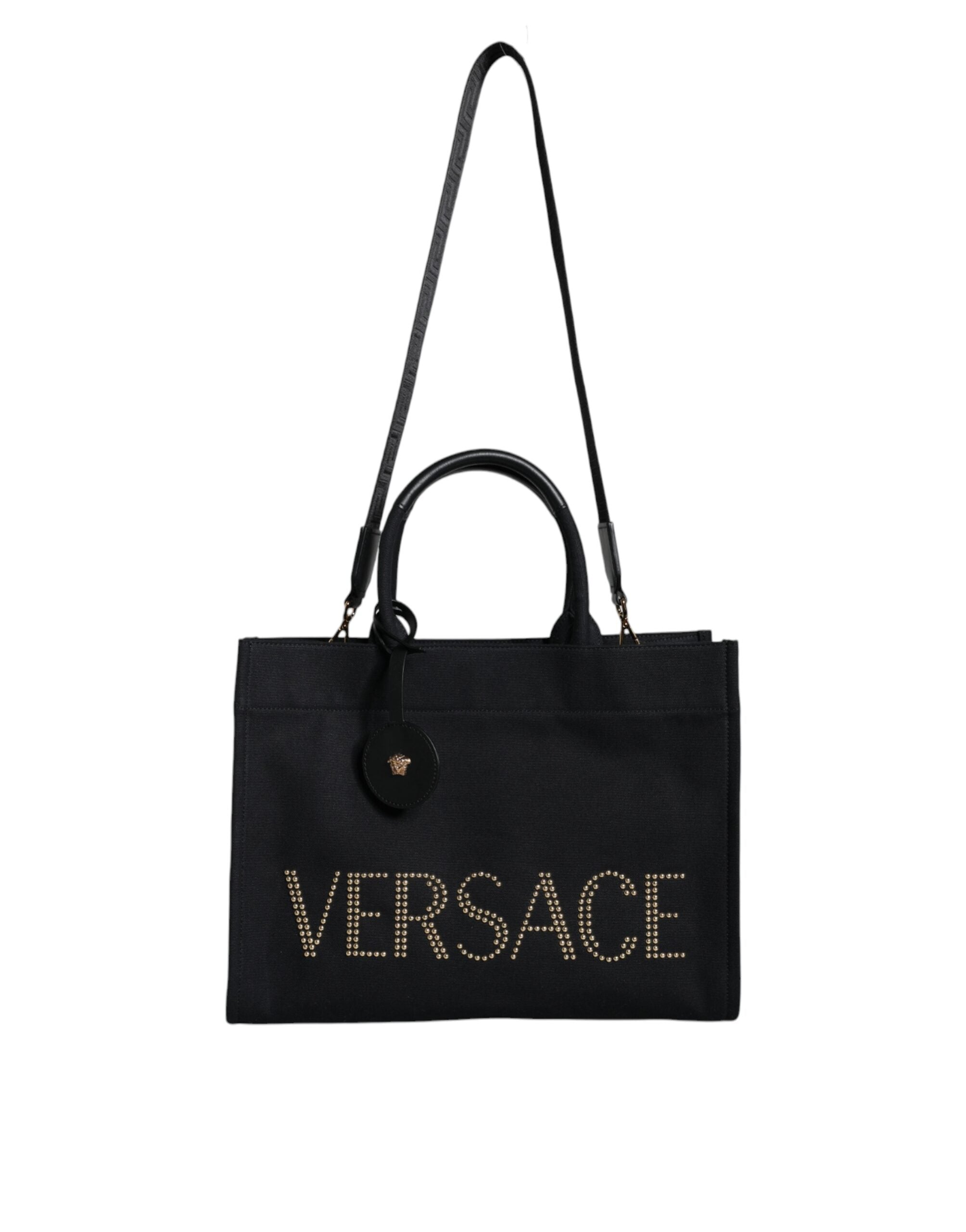 Versace Black Top Handle Canvas Leather Logo Crossbody Tote Bag - ACCEXO Main image