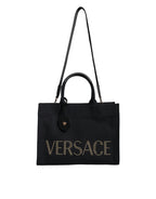 Versace Black Top Handle Canvas Leather Logo Crossbody Tote Bag - ACCEXO