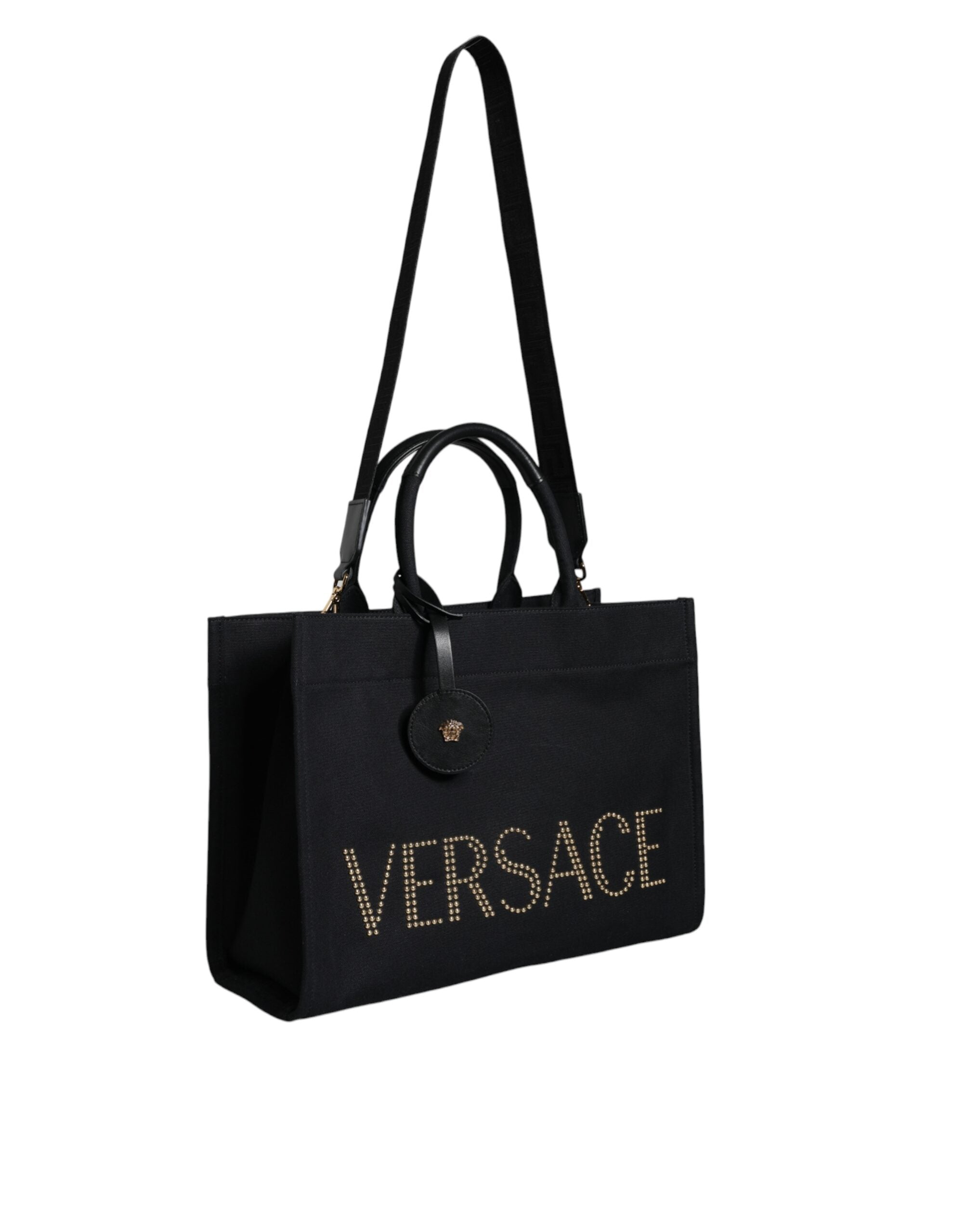Versace Black Top Handle Canvas Leather Logo Crossbody Tote Bag Secondary image