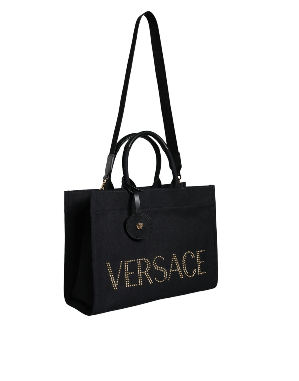 Versace Black Top Handle Canvas Leather Logo Crossbody Tote Bag - ACCEXO
