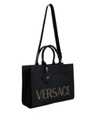 Versace Black Top Handle Canvas Leather Logo Crossbody Tote Bag - ACCEXO