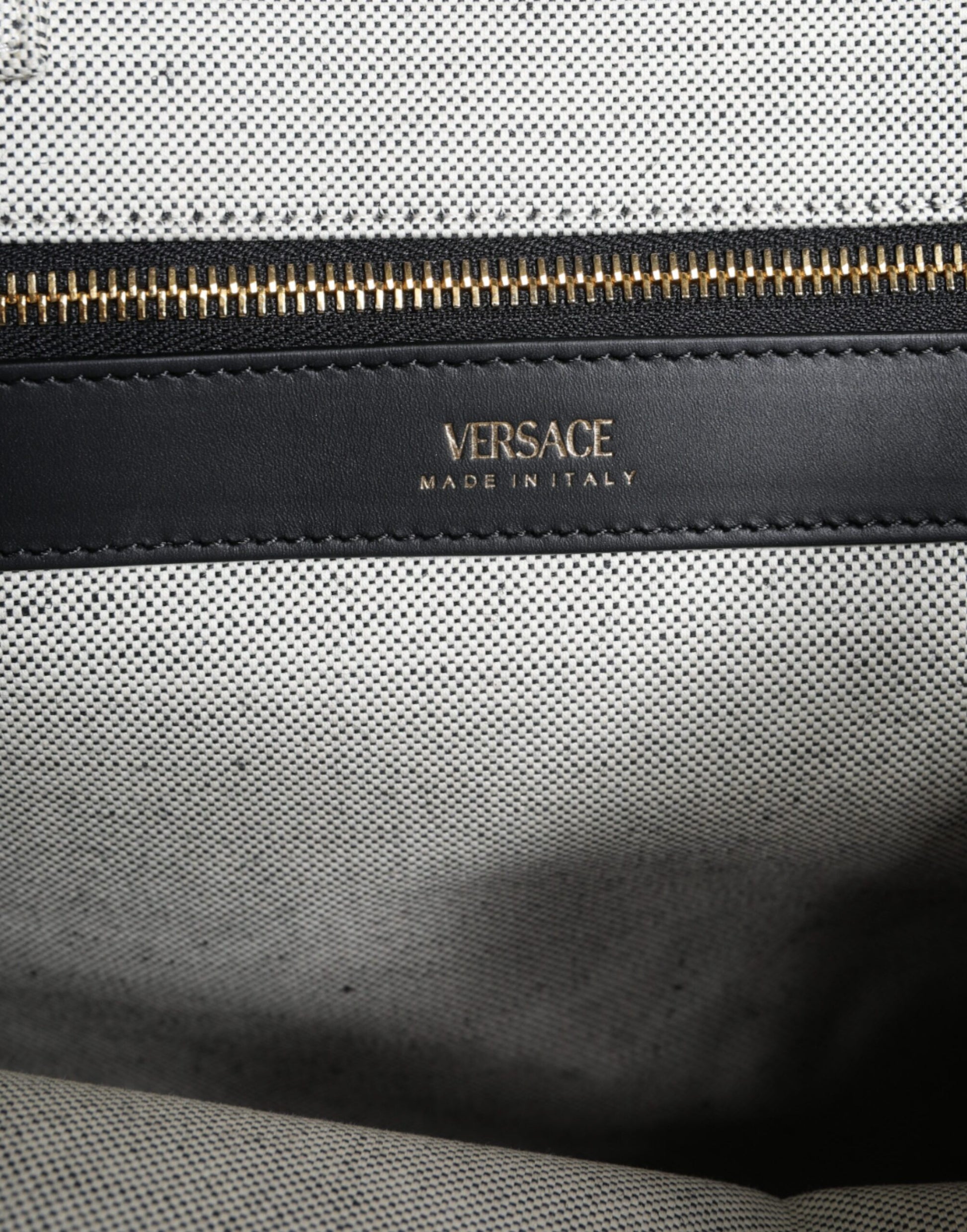 Versace White Top Handle Canvas Leather Logo Crossbody Tote Bag - ACCEXO