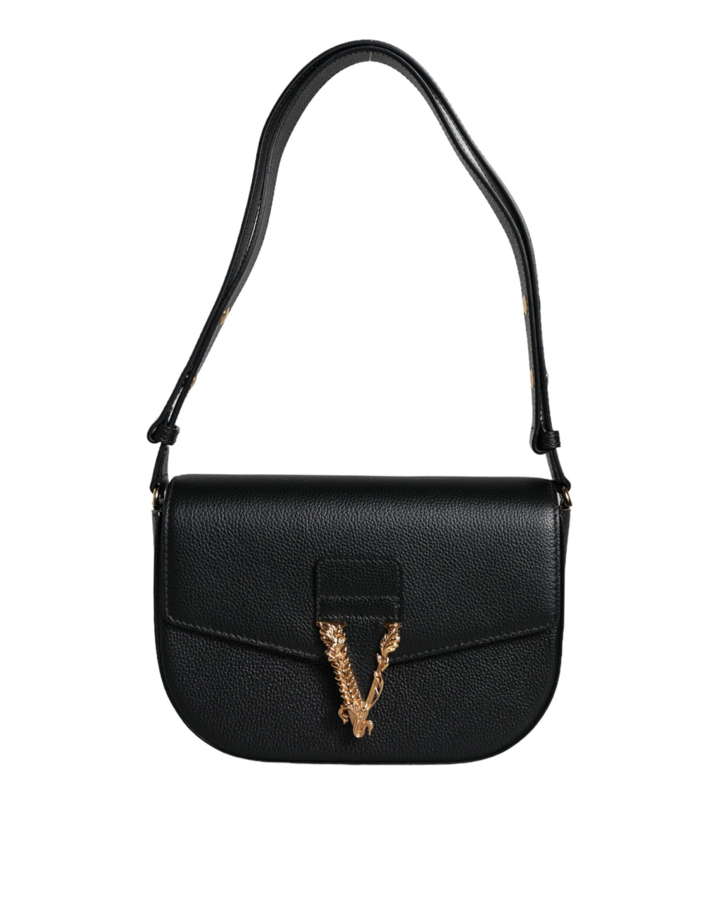 Versace Black Grainy Calf Leather Logo Crossbody Shoulder Bag - ACCEXO