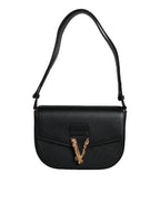 Versace Black Grainy Calf Leather Logo Crossbody Shoulder Bag - ACCEXO