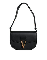 Versace Black Grainy Calf Leather Logo Crossbody Shoulder Bag - ACCEXO