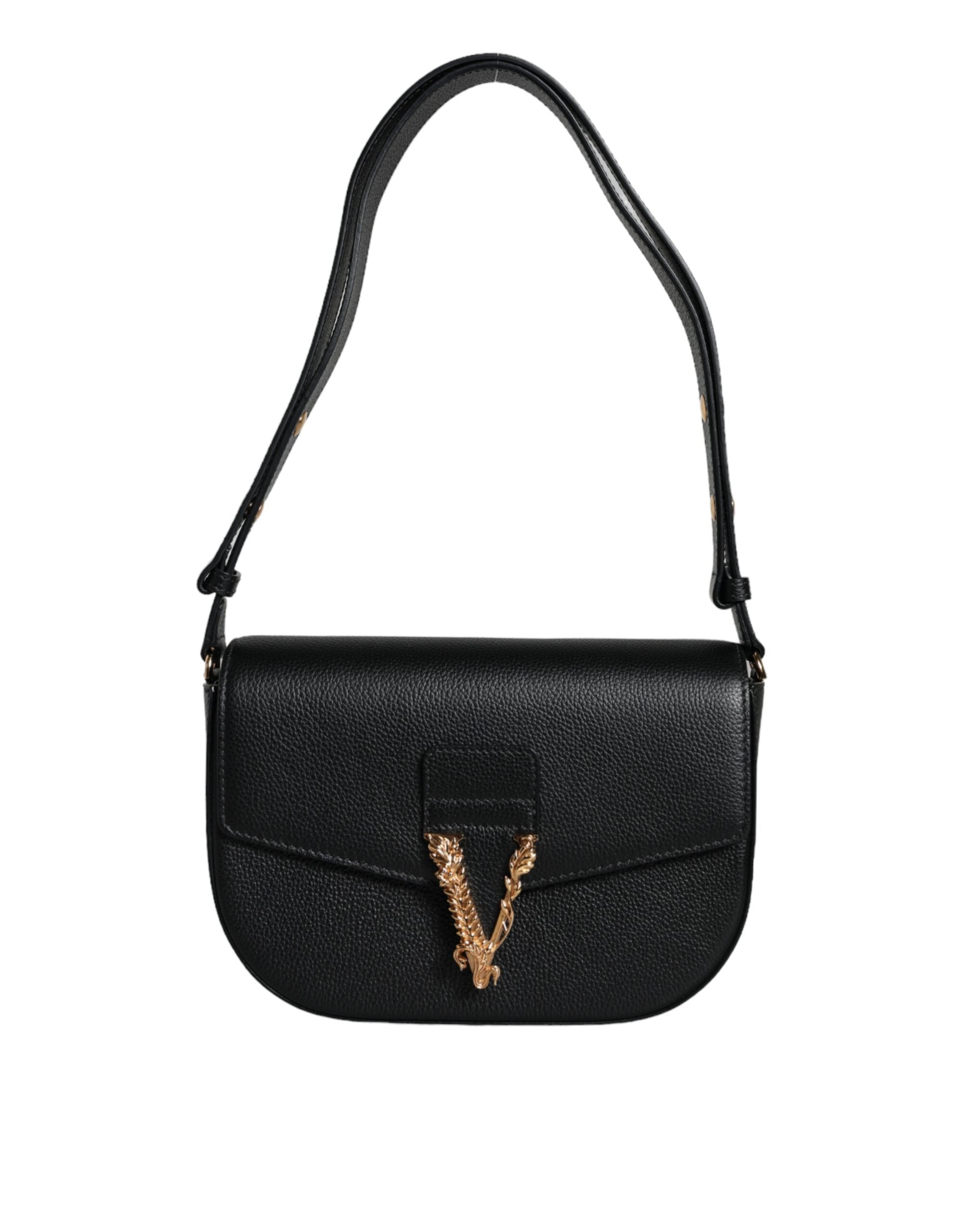 Versace Black Grainy Calf Leather Logo Crossbody Shoulder Bag - ACCEXO