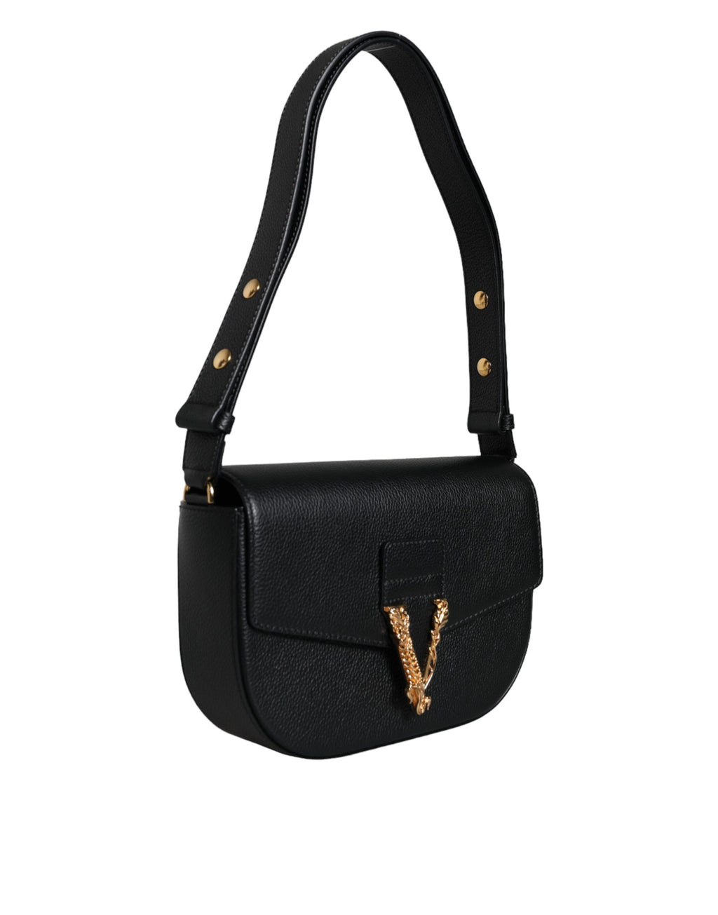 Versace Black Grainy Calf Leather Logo Crossbody Shoulder Bag - ACCEXO